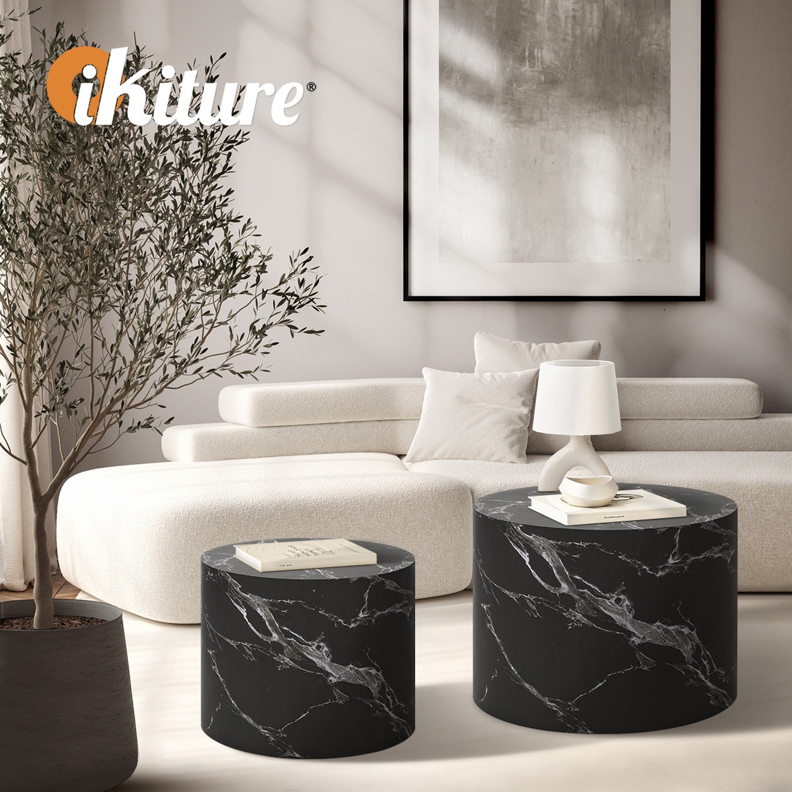 Oikiture Coffee Table Set of 2 Round Side Tables Sofa Cafe Marble Effect Black - Sunyee