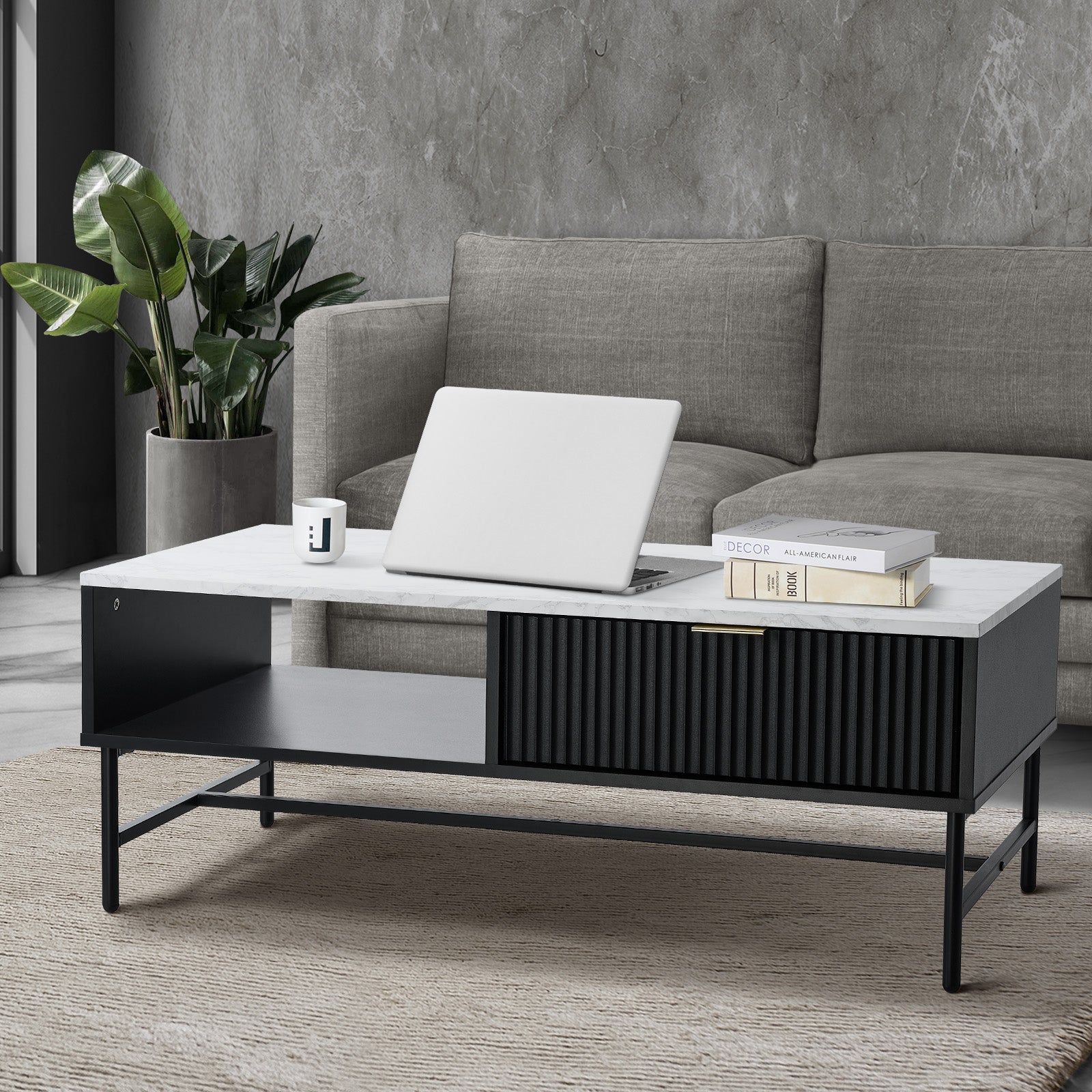 Oikiture Coffee Table 1 Drawer Sofa End Table Storage Shelf Black and White - Sunyee