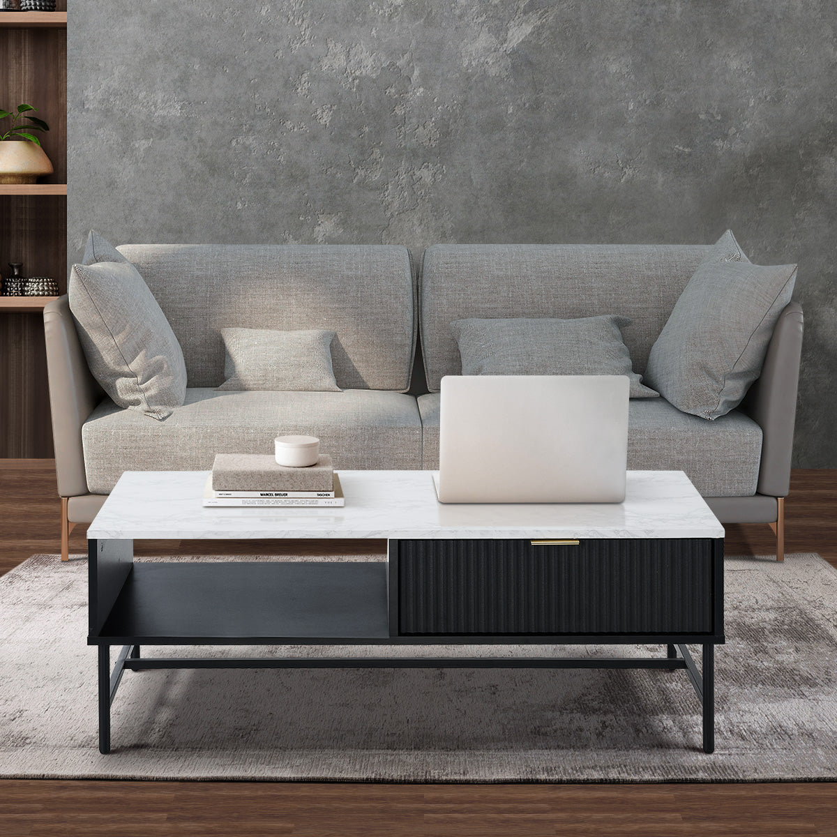 Oikiture Coffee Table 1 Drawer Sofa End Table Storage Shelf Black and White - Sunyee