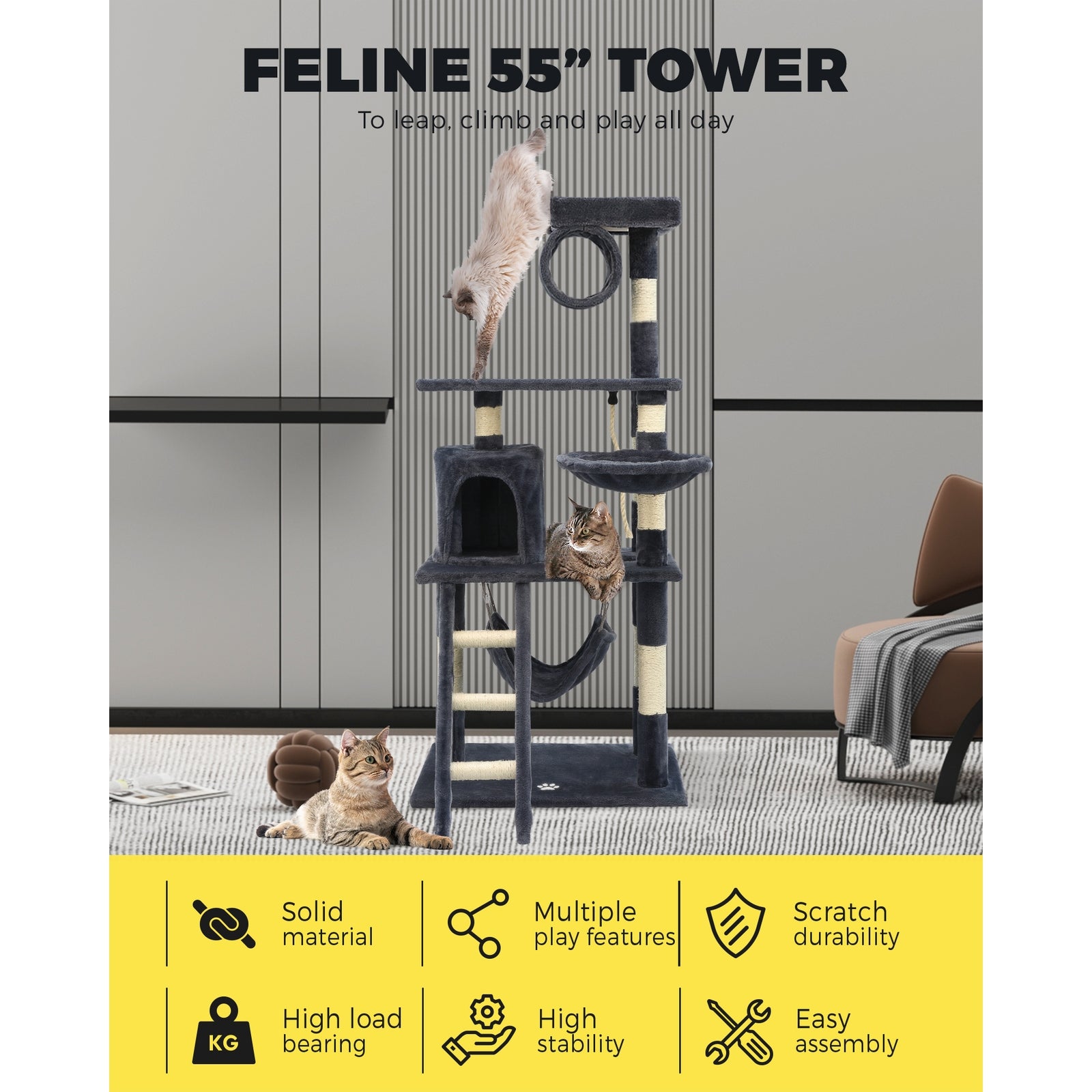 140cm Cat Tree Pet Kitty Scratching Post Scratcher House Furniture Tower Condo - Sunyee