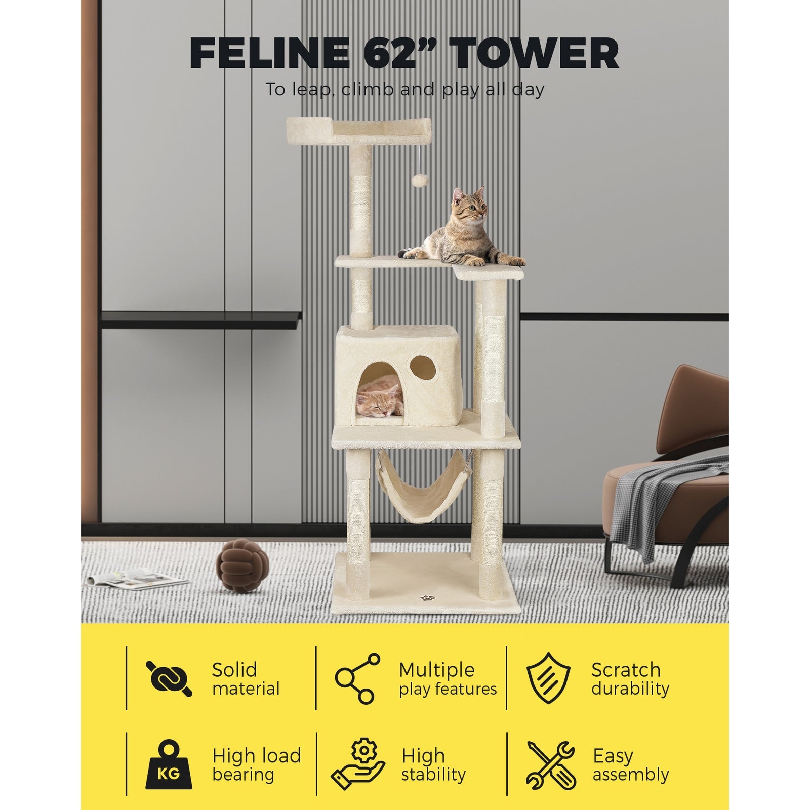 1.6M Cat Tree Scratching Post Scratcher Tower House Furniture Bed Stand Beige - Sunyee