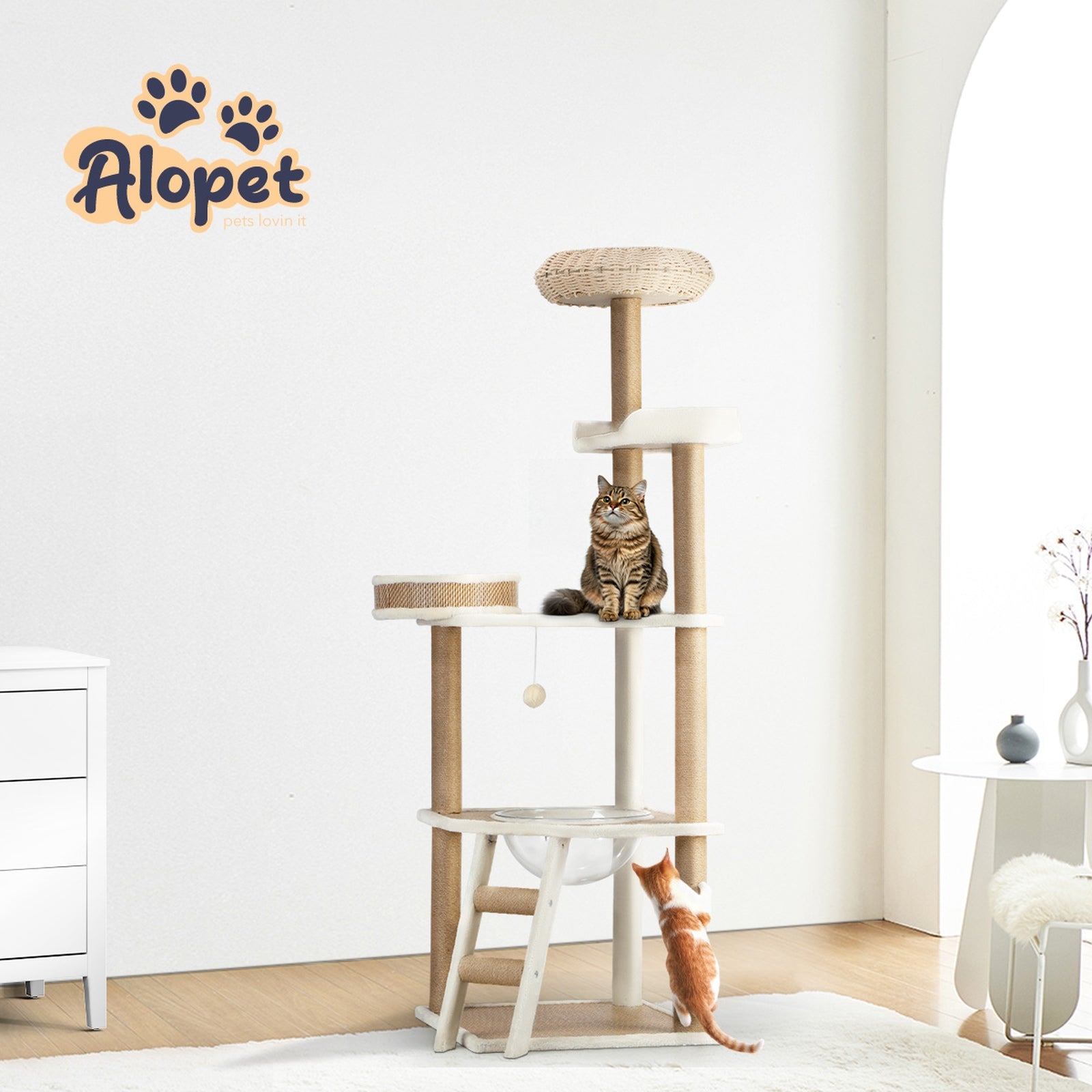 Alopet Cat Tree Tower Rattan Scratching Post Scratcher Cats Condo House 153cm - Sunyee