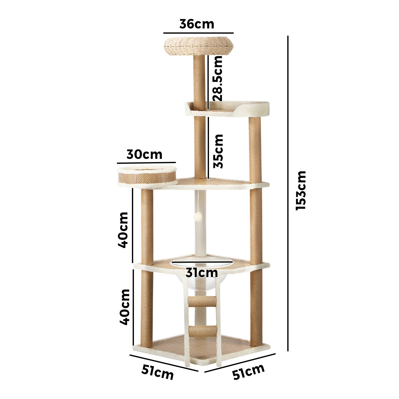 Alopet Cat Tree Tower Rattan Scratching Post Scratcher Cats Condo House 153cm - Sunyee
