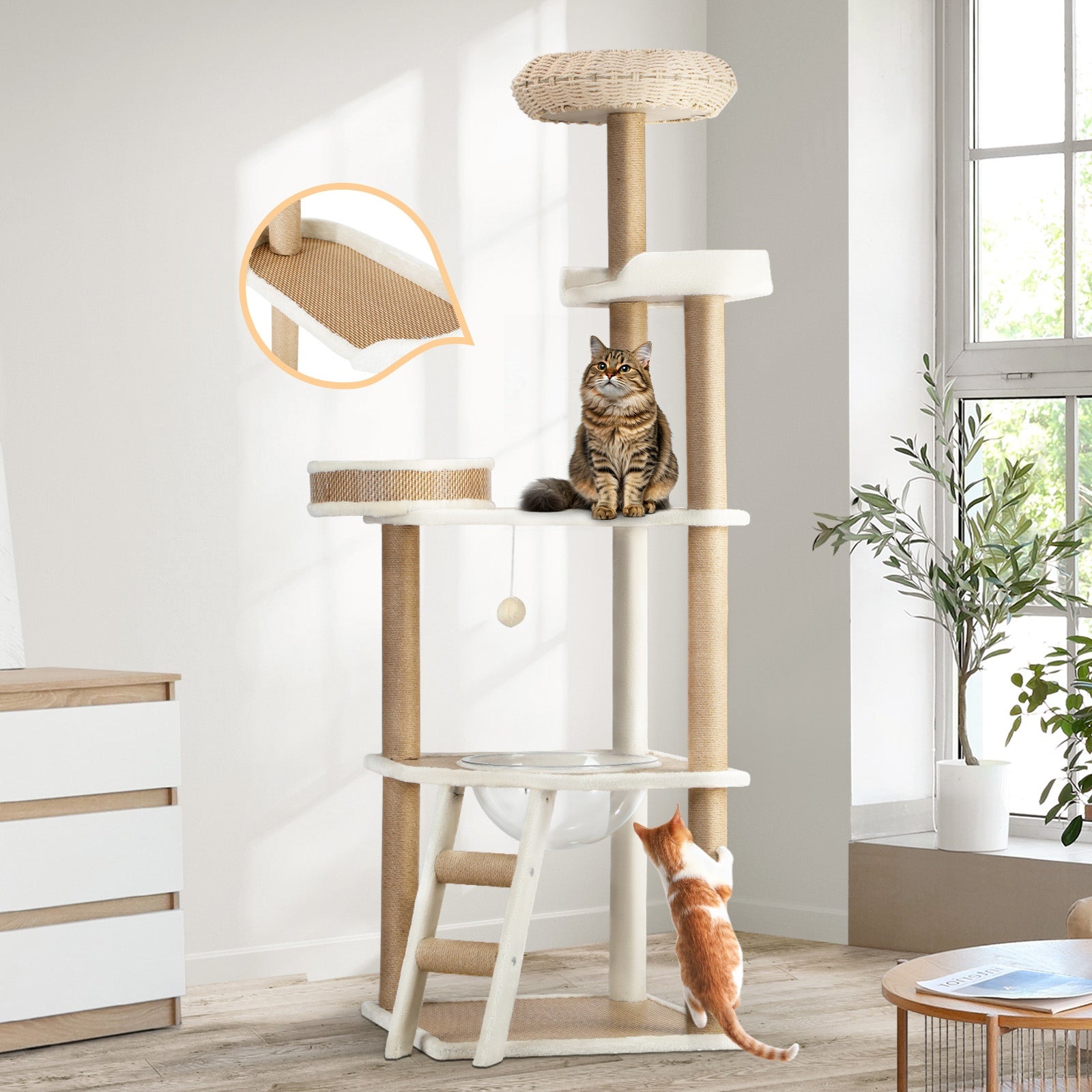 Alopet Cat Tree Tower Rattan Scratching Post Scratcher Cats Condo House 153cm - Sunyee