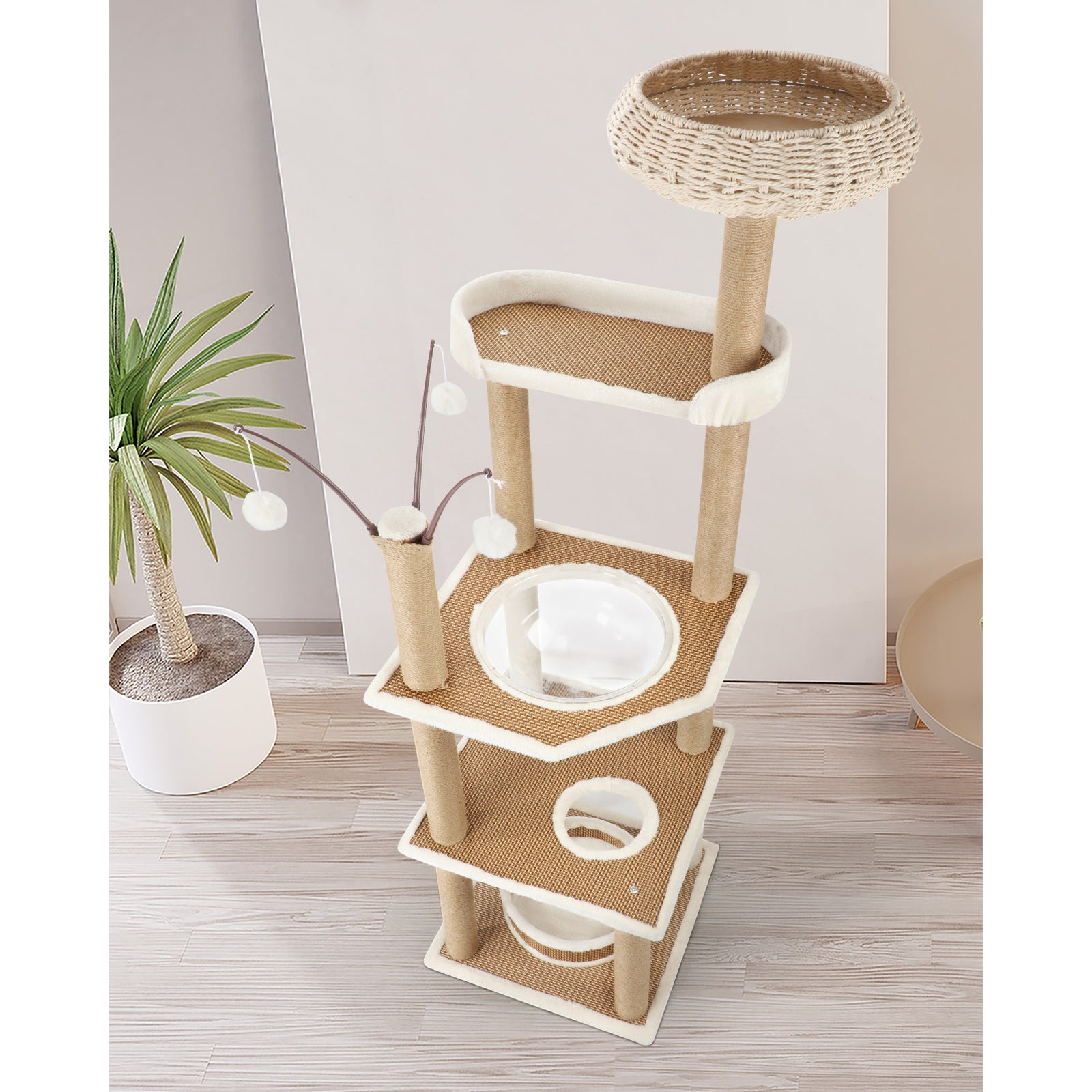 Alopet Cat Tree Tower Rattan Scratching Post Scratcher Cats Condo House 164cm - Sunyee