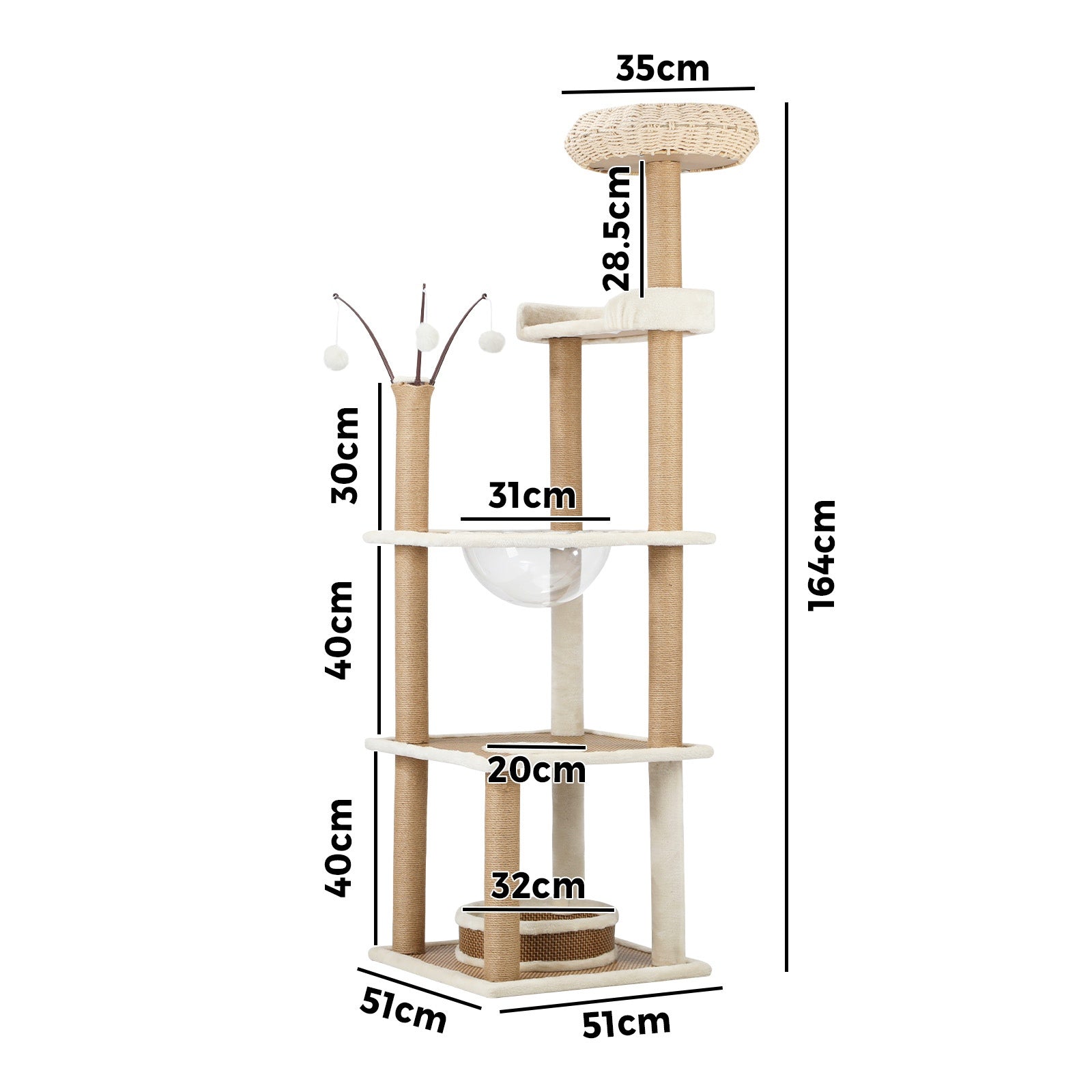 Alopet Cat Tree Tower Rattan Scratching Post Scratcher Cats Condo House 164cm - Sunyee