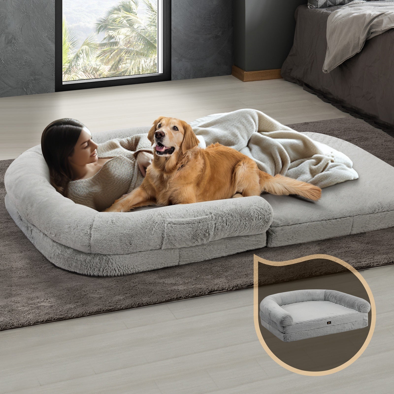 Alopet Foldable Human Dog Bed Calming Bed Dog Sofa Beds Removable Washable Grey