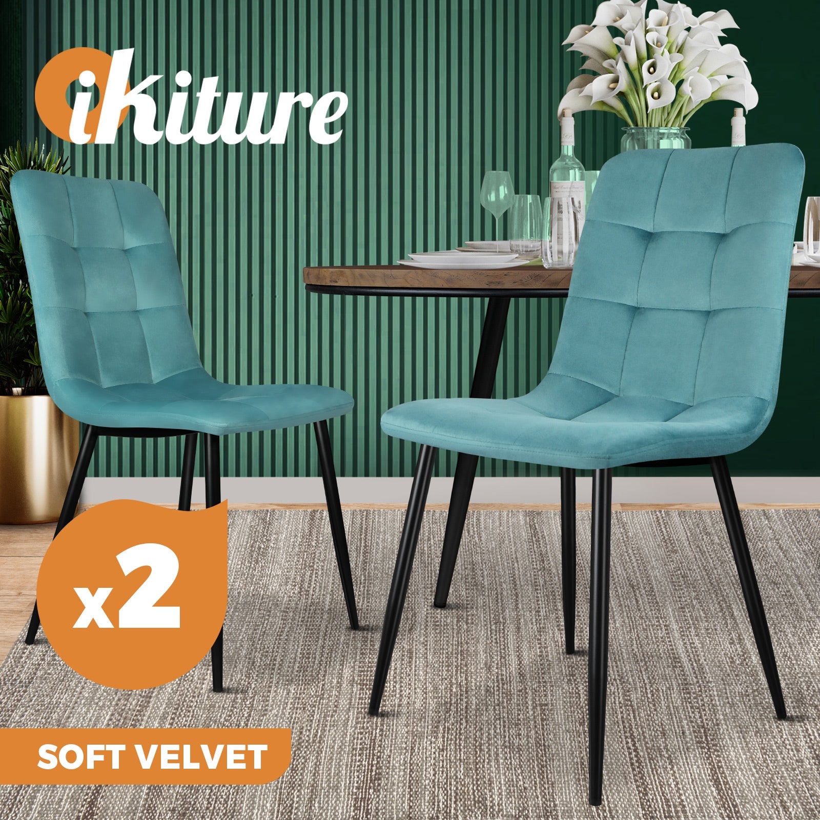 Oikiture Dining Chairs Kitchen Chair Velvet Fabric Padded Seat Cafe Set of 2