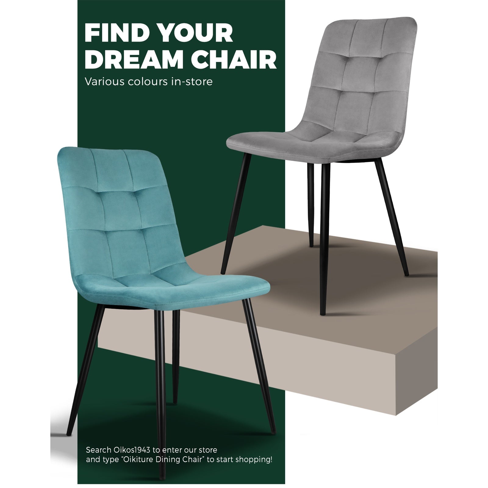 Oikiture Dining Chairs Kitchen Chair Velvet Fabric Padded Seat Cafe Set of 2