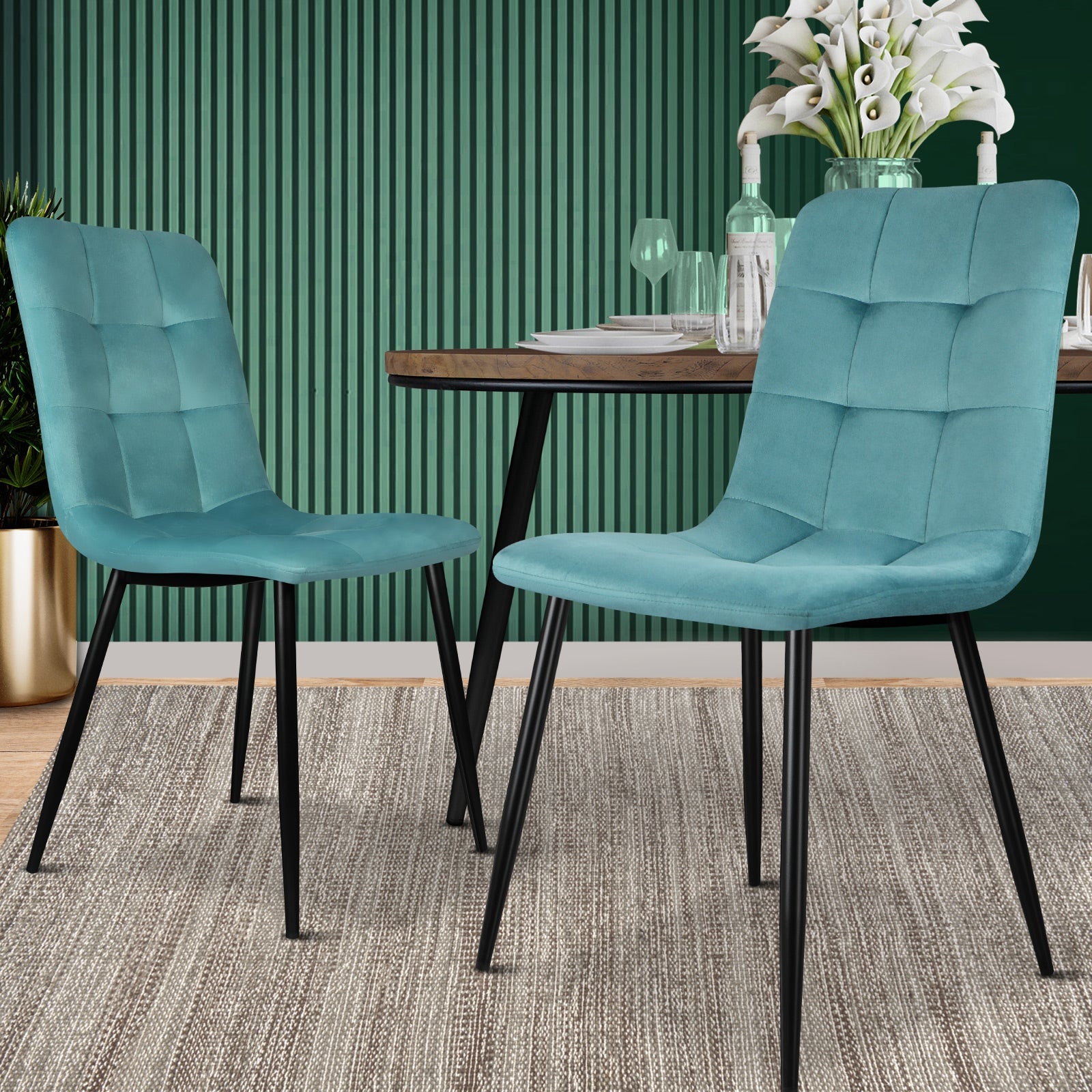 Oikiture Dining Chairs Kitchen Chair Velvet Fabric Padded Seat Cafe Set of 2