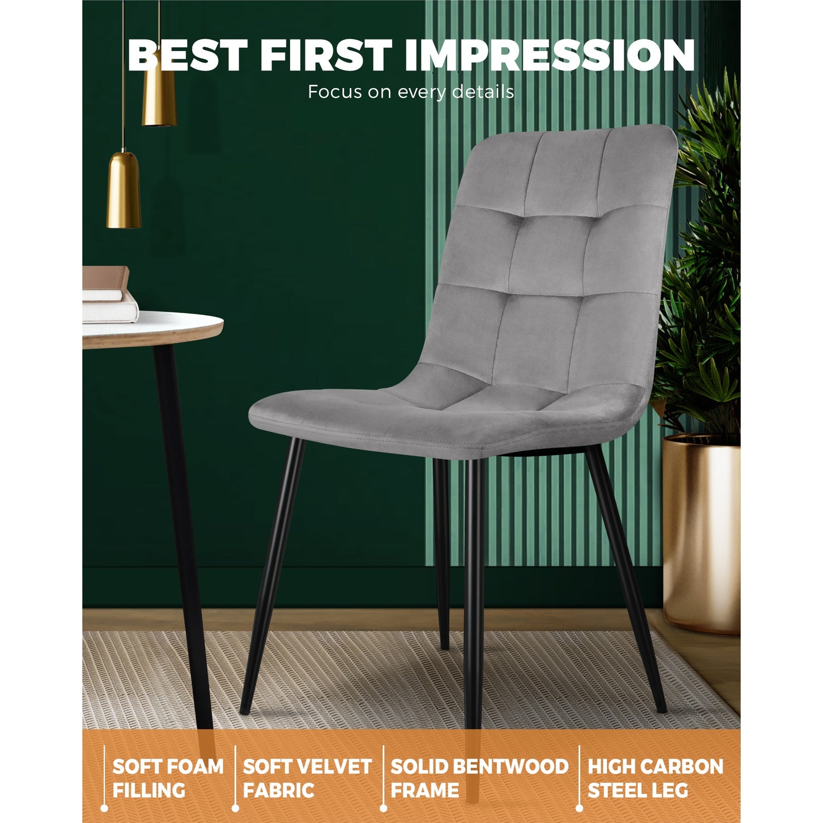 Oikiture Dining Chairs Kitchen Chair Velvet Fabric Padded Seat Cafe Grey x2 - Sunyee