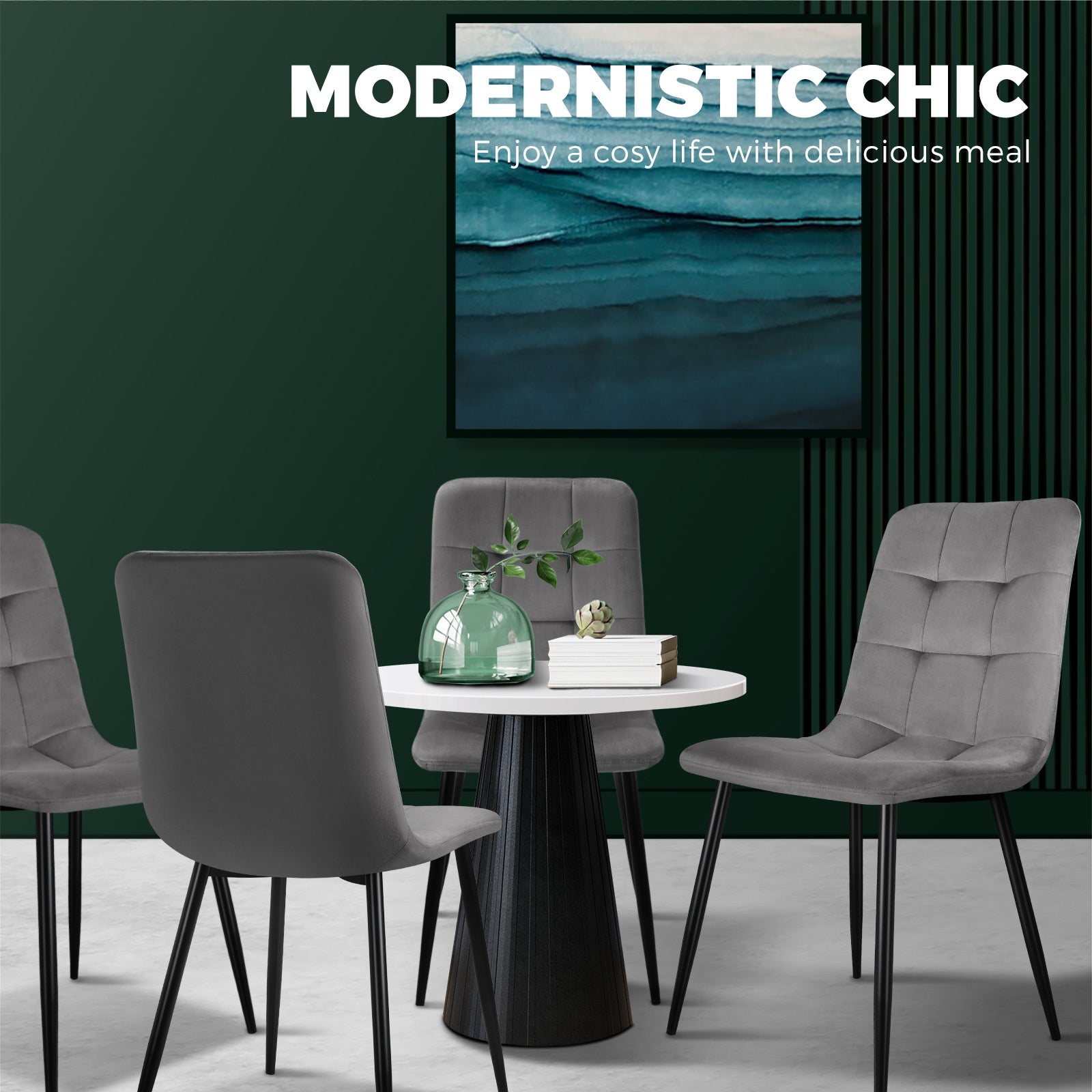 Oikiture Dining Chairs Kitchen Chair Velvet Fabric Padded Seat Cafe Grey x2 - Sunyee