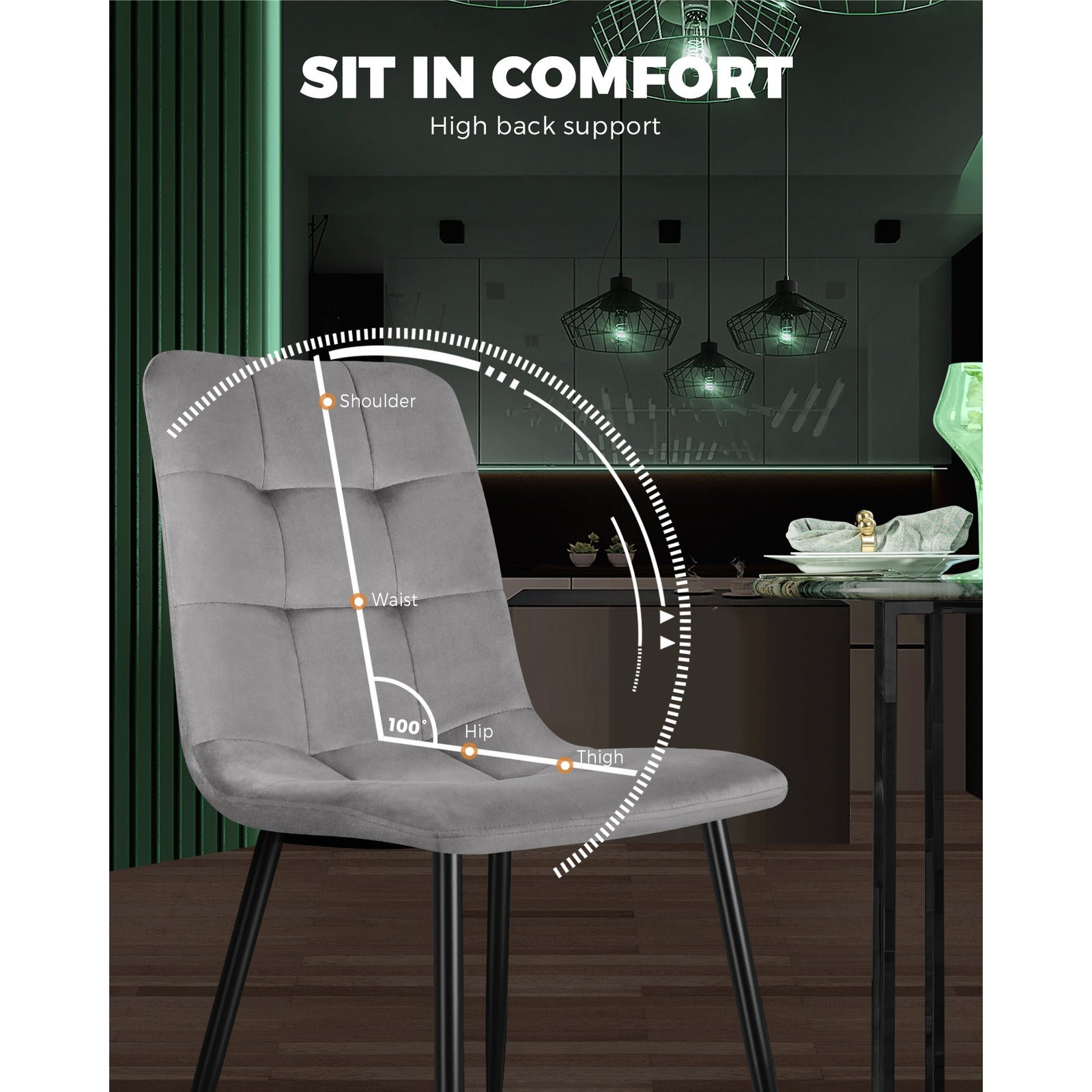 Oikiture Dining Chairs Kitchen Chair Velvet Fabric Padded Seat Cafe Grey x2 - Sunyee