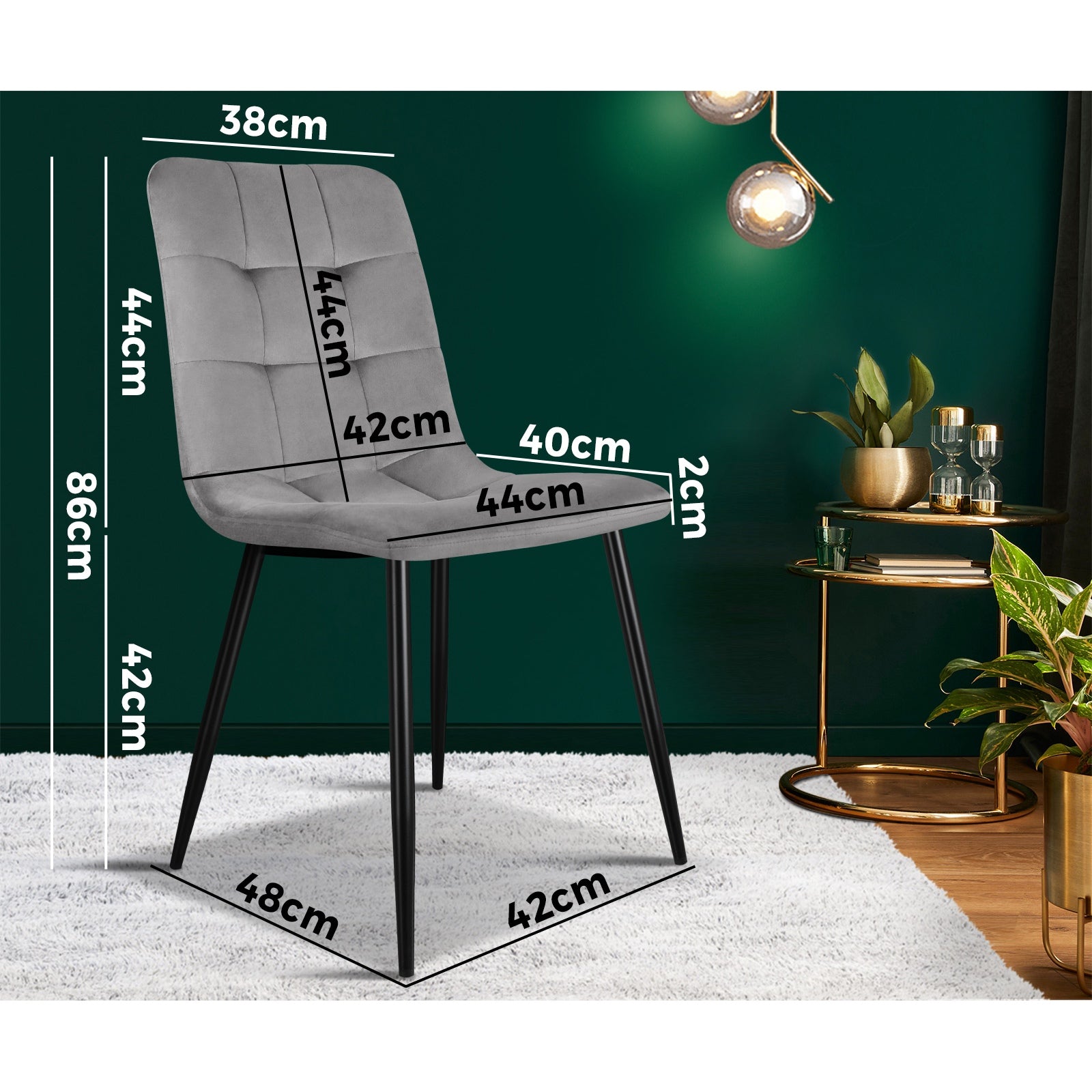 Oikiture Dining Chairs Kitchen Chair Velvet Fabric Padded Seat Cafe Grey x2 - Sunyee