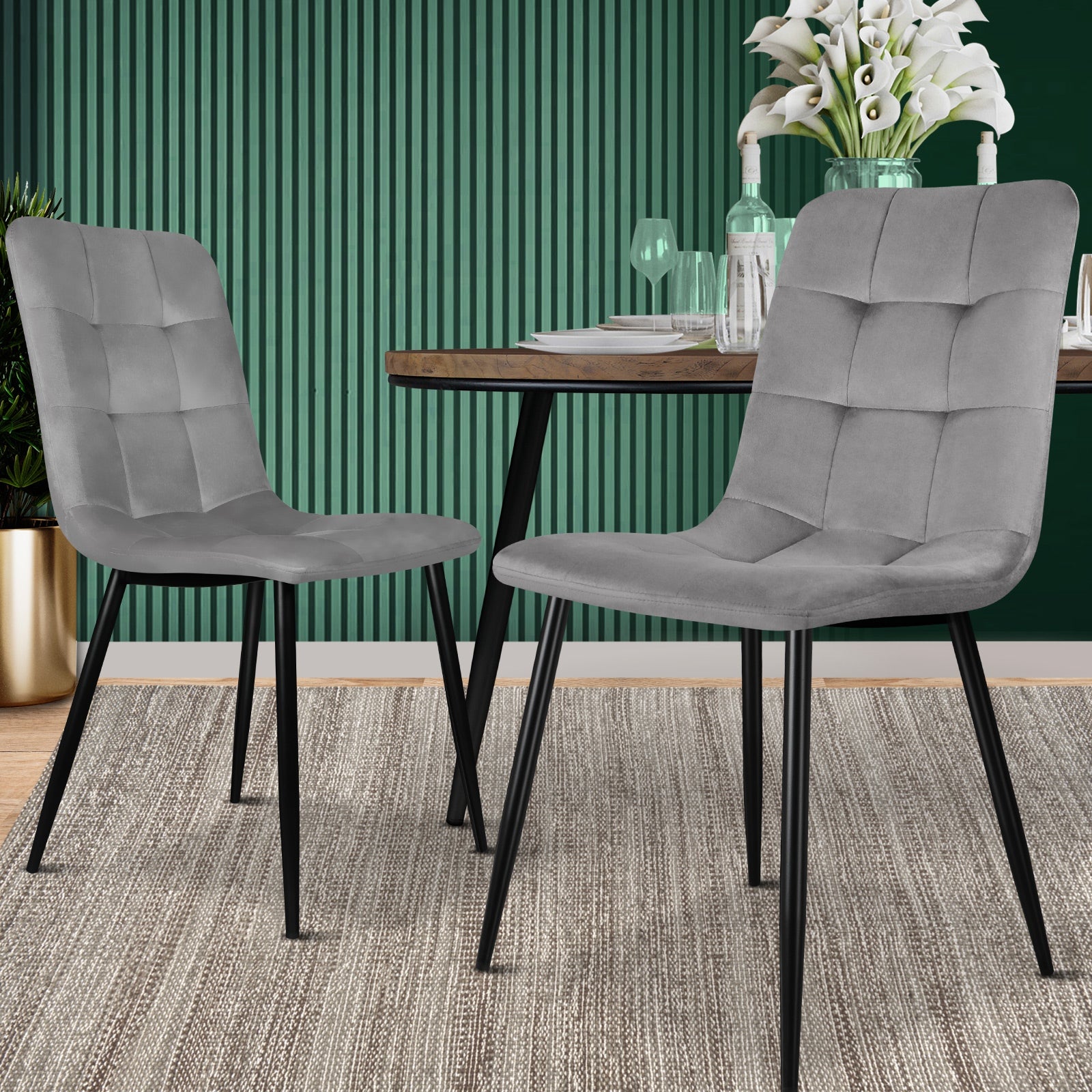 Oikiture Dining Chairs Kitchen Chair Velvet Fabric Padded Seat Cafe Grey x2 - Sunyee