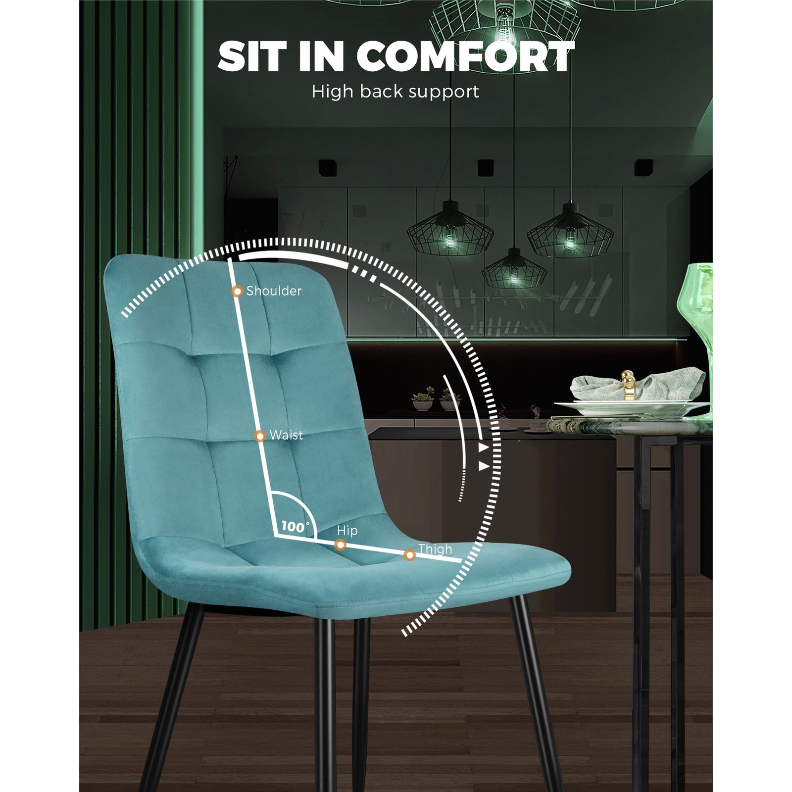 Oikiture Dining Chairs Kitchen Chair Velvet Fabric Padded Seat Cafe Set of 2