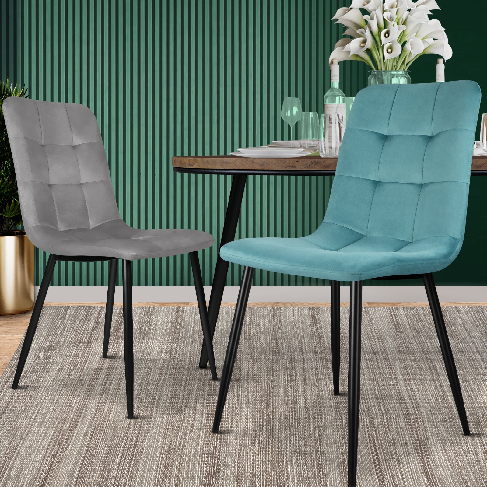 Oikiture Dining Chairs Kitchen Chair Velvet Fabric Padded Seat Cafe Set of 2