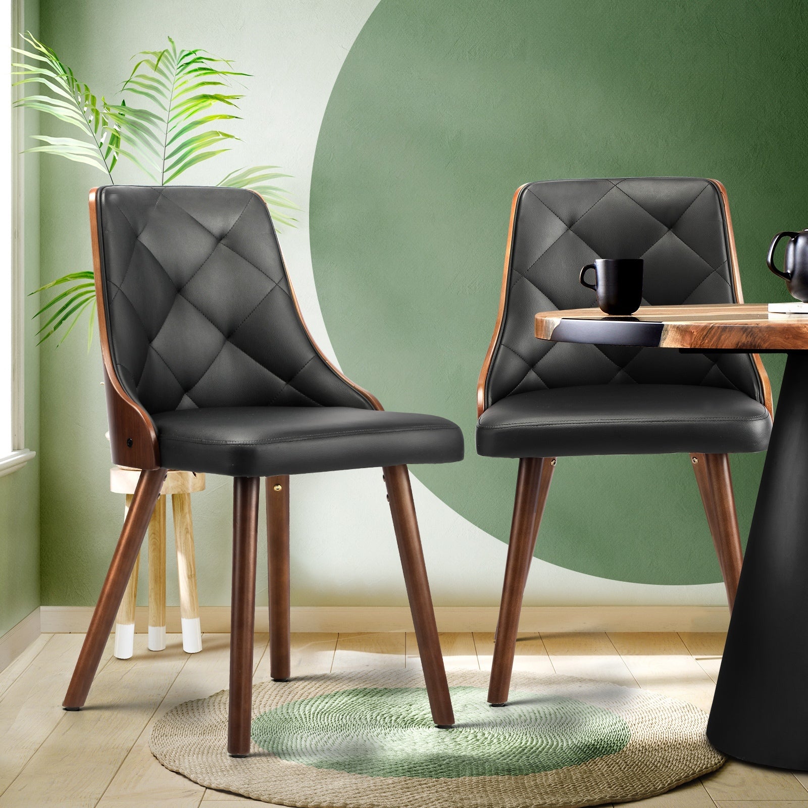 Oikiture Dining Chairs Wooden Chair Kitchen Cafe Faux PU Leather Padded Seat x2 - Sunyee