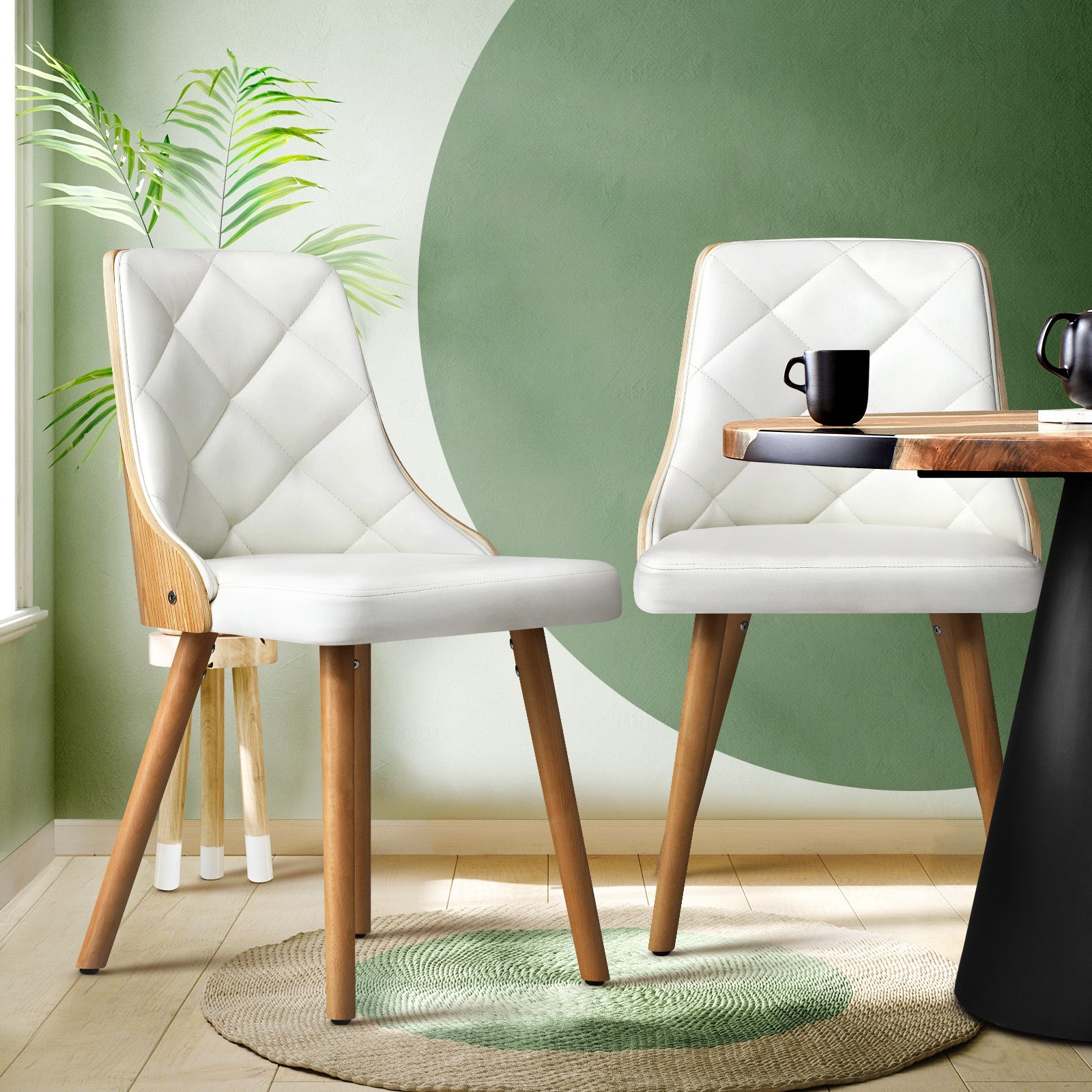 Oikiture Dining Chairs Wooden Kitchen Chair Cafe Faux PU Leather Padded Seat 2x - Sunyee