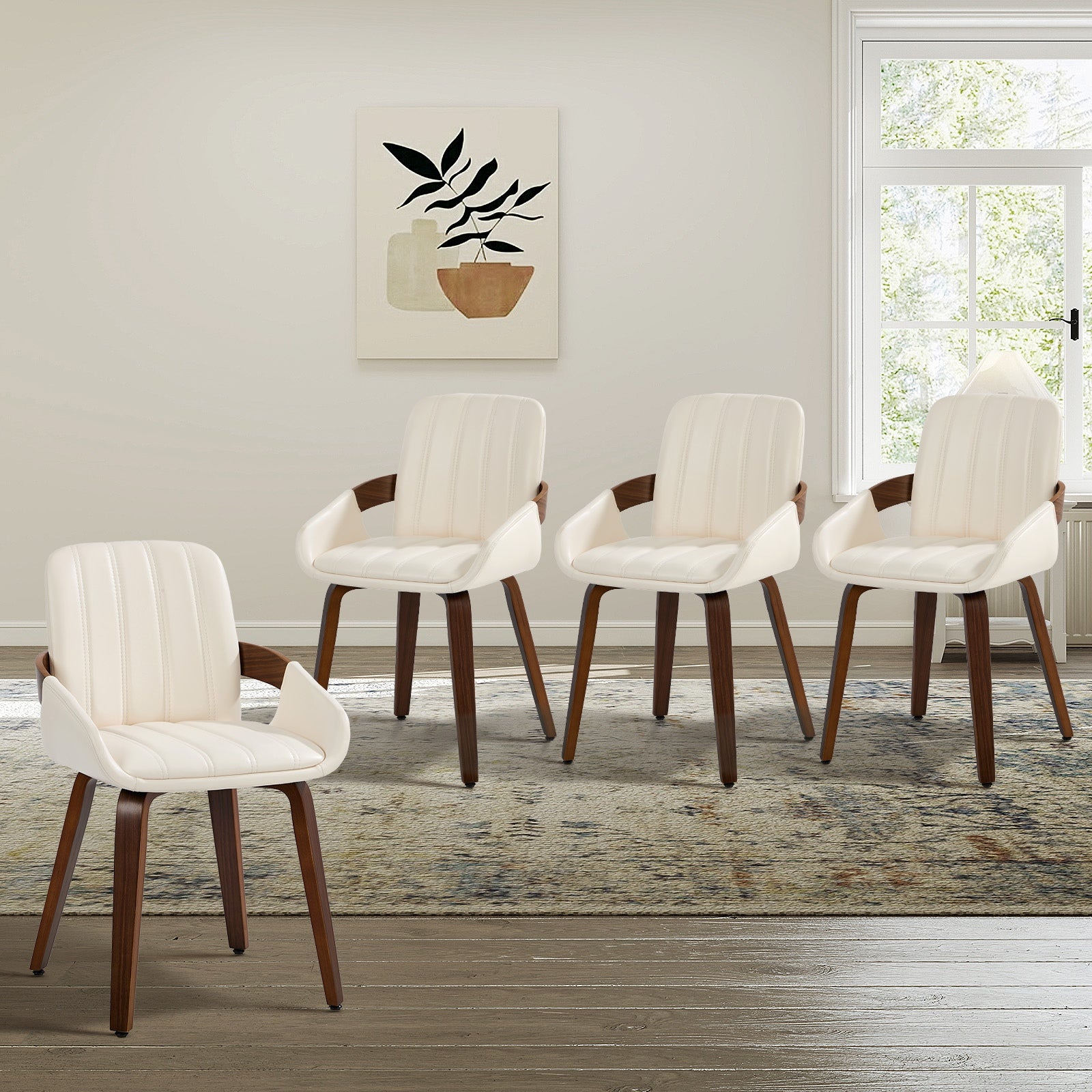 Oikiture 4x Dining Chairs PU Leather Kitchen Chairs Bentwood Armchair Beige