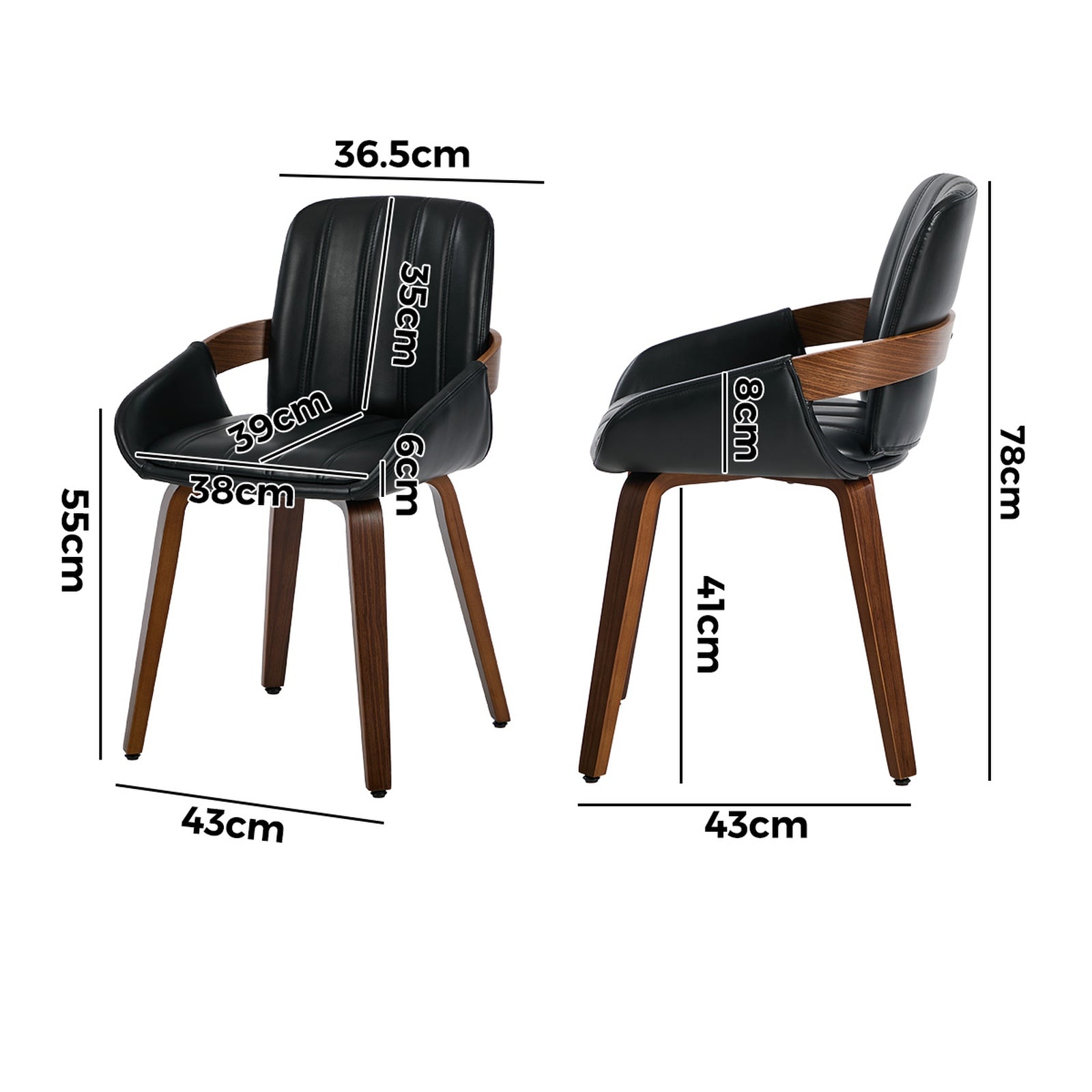 Oikiture 2x Dining Chairs PU Leather Kitchen Chairs Bentwood Armchair Black