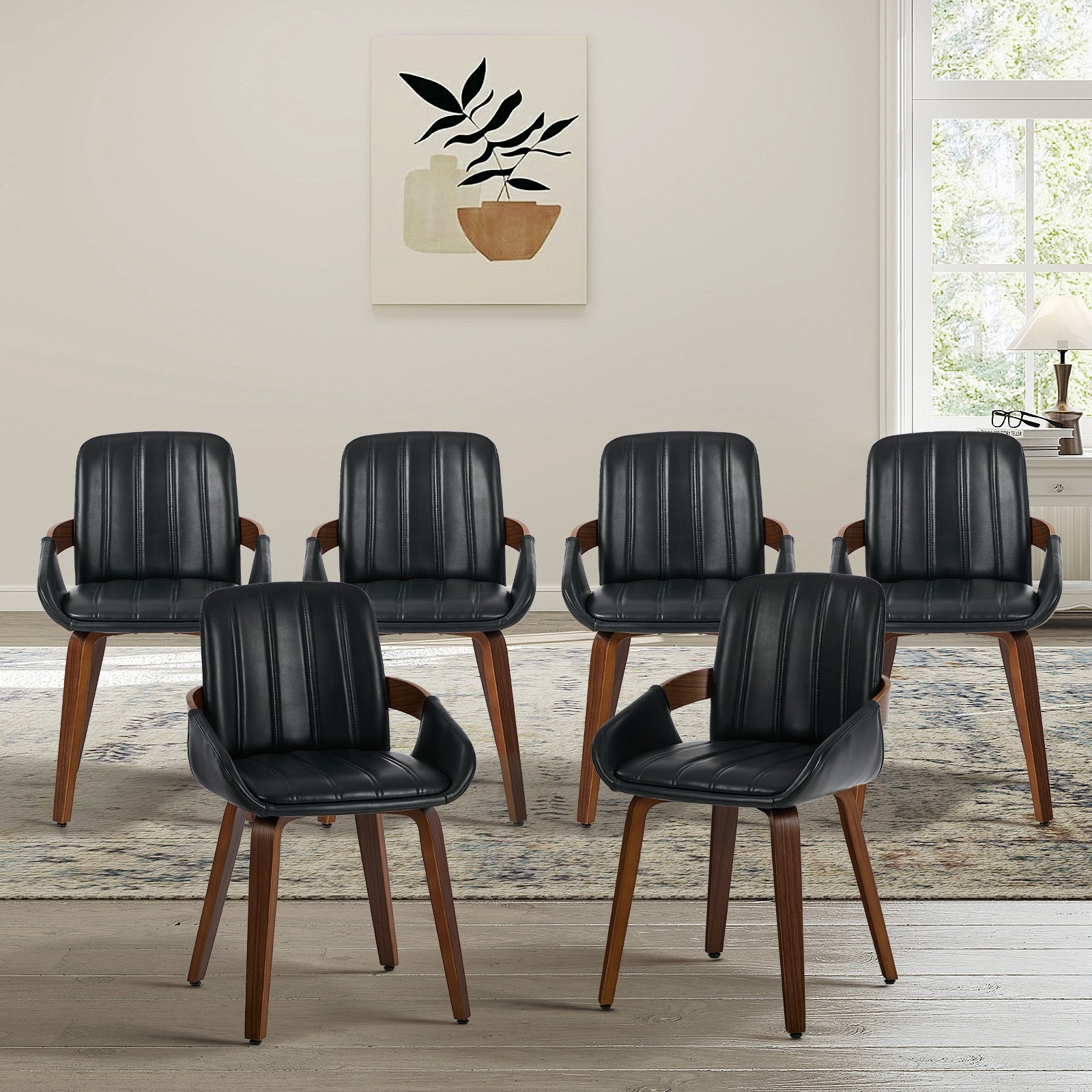 Oikiture 6x Dining Chairs PU Leather Kitchen Chairs Bentwood Armchair Black