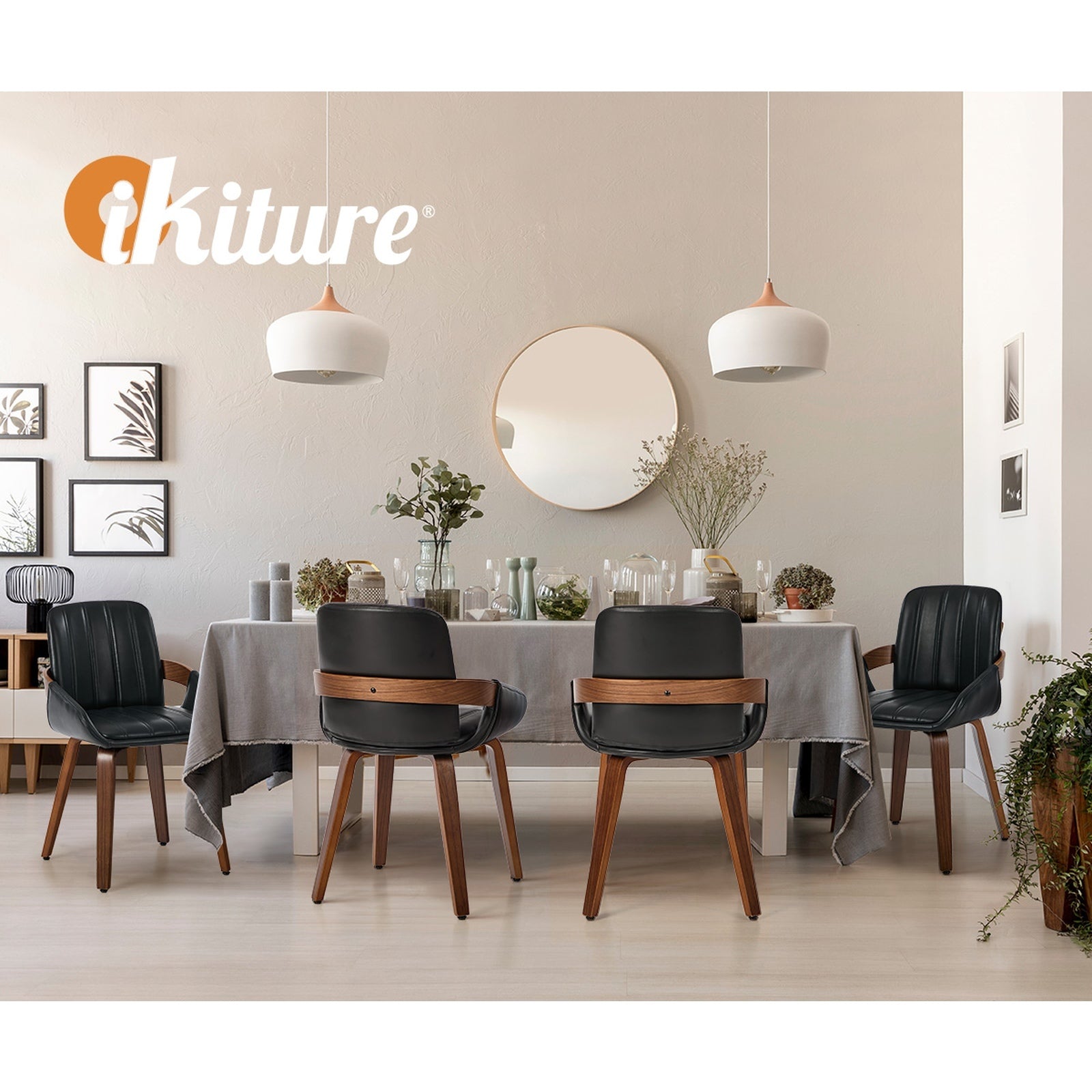 Oikiture 6x Dining Chairs PU Leather Kitchen Chairs Bentwood Armchair Black
