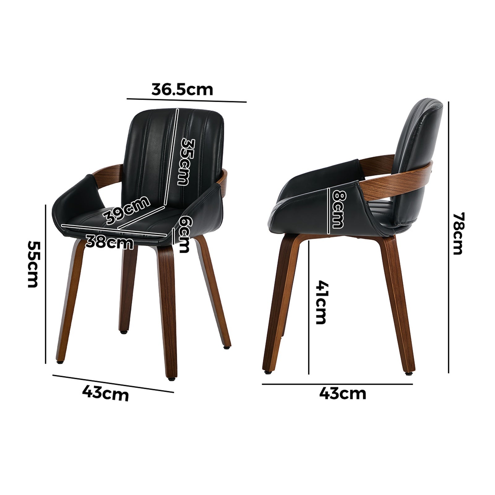 Oikiture 6x Dining Chairs PU Leather Kitchen Chairs Bentwood Armchair Black