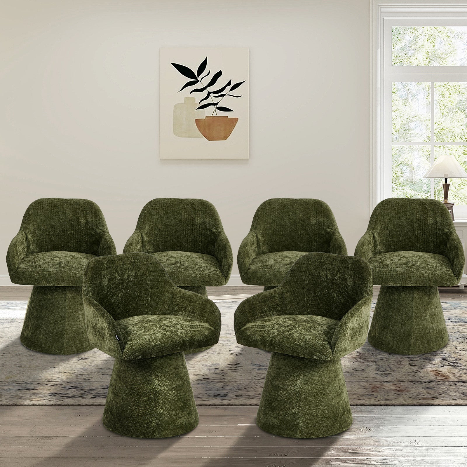Oikiture 6x Dining Chair Swivel Armchair Lounge Accent Chairs Chenille Green