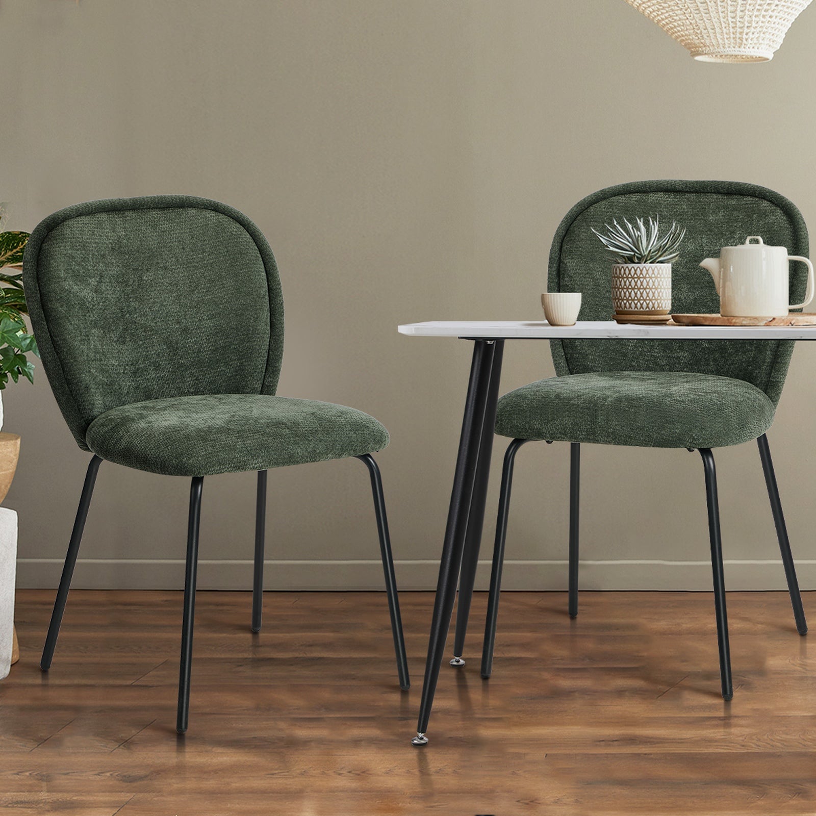 Oikiture 2x Dining Chairs Kitchen Accent Chairs Chenille Pad Metal Legs Green - Sunyee
