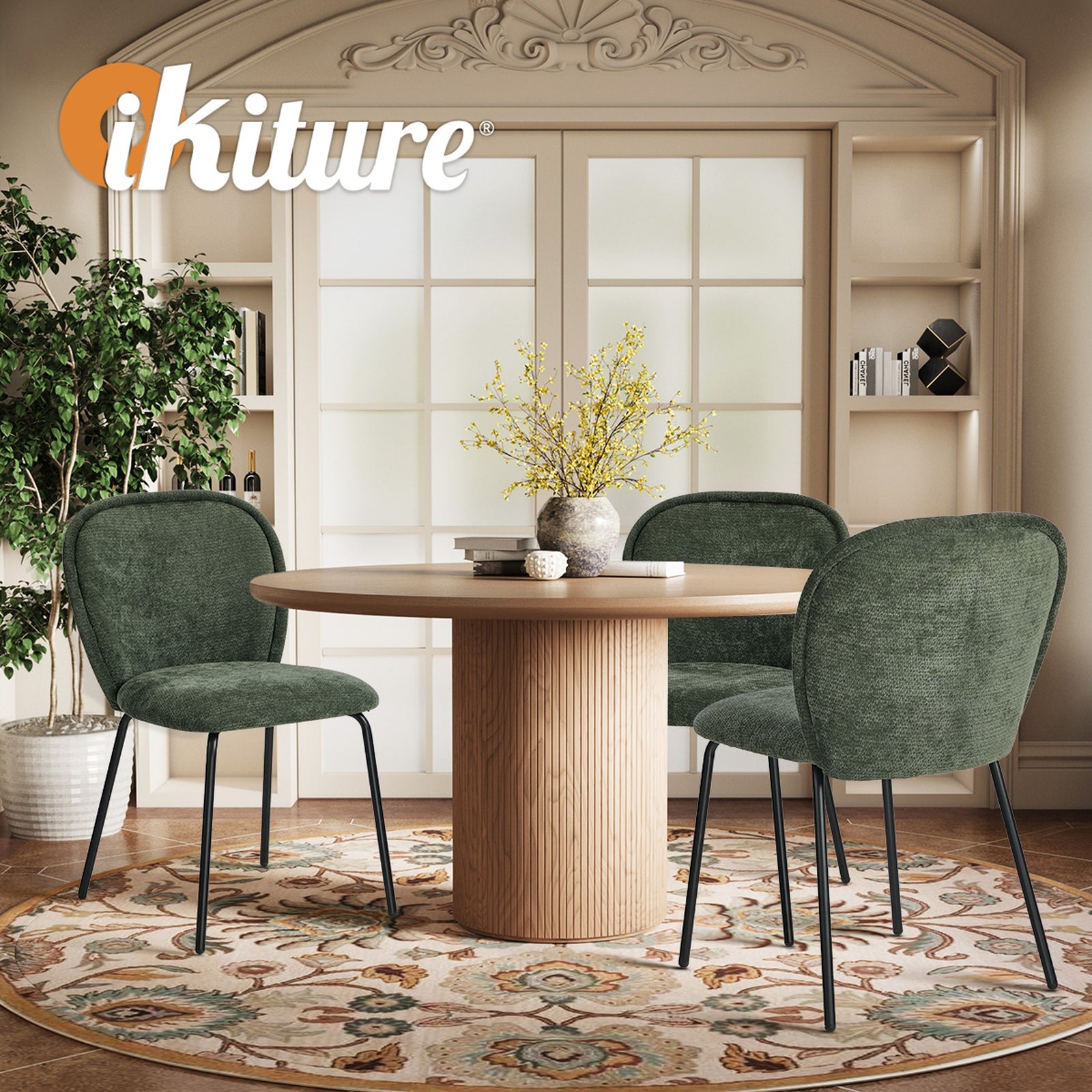 Oikiture 2x Dining Chairs Kitchen Accent Chairs Chenille Pad Metal Legs Green - Sunyee