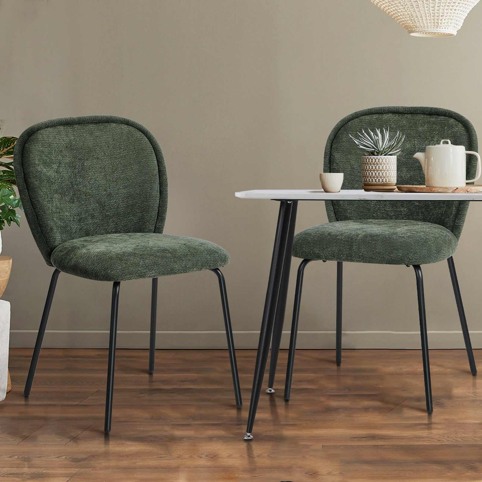 Oikiture 4x Dining Chairs Kitchen Accent Chairs Chenille Pad Metal Legs Green - Sunyee