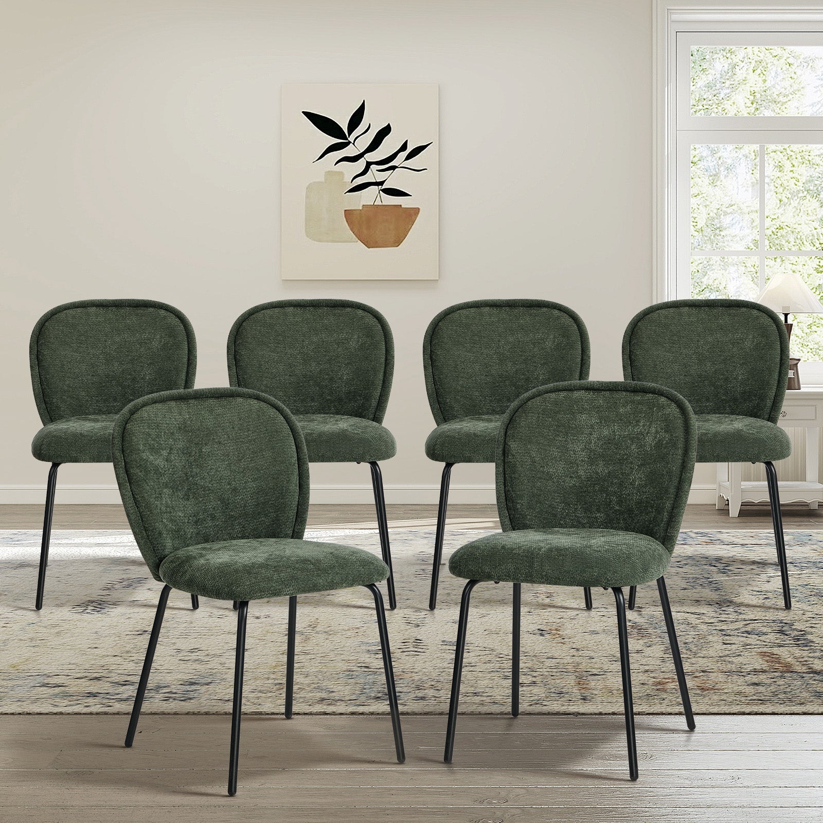 Oikiture 6x Dining Chairs Kitchen Accent Chairs Chenille Pad Metal Legs Green - Sunyee