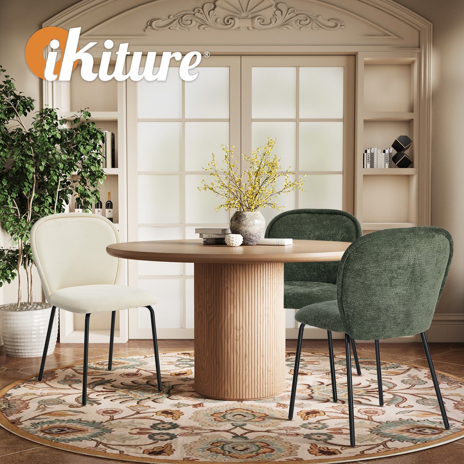 Oikiture 2x Dining Chairs Kitchen Accent Chairs Chenille Pad Metal Legs - Sunyee