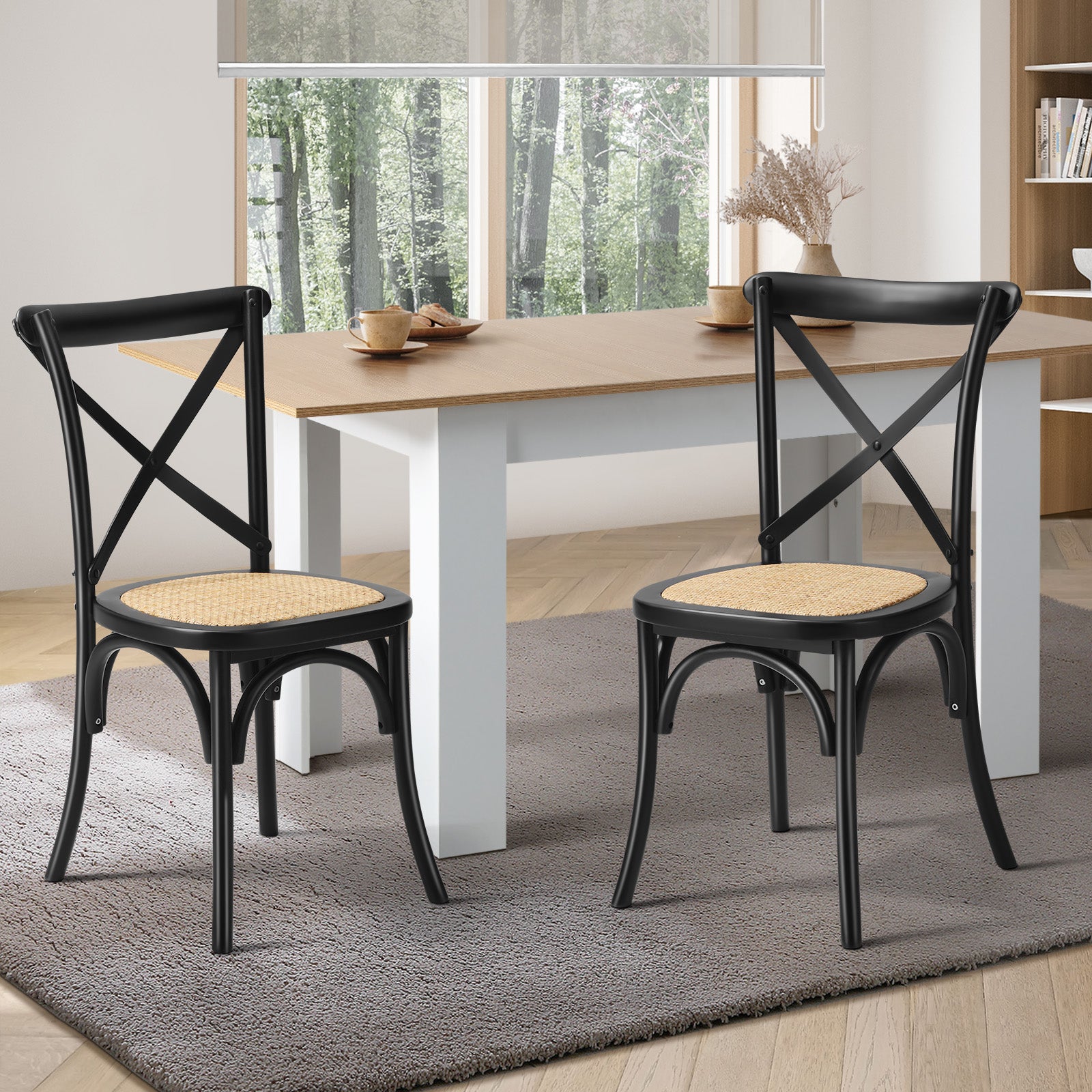Oikiture 2PCS Crossback Dining Chair Solid Birch Timber Wood Ratan Seat Black - Sunyee