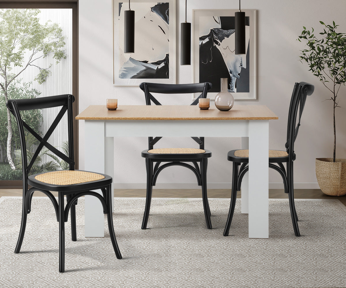 Oikiture 2PCS Crossback Dining Chair Solid Birch Timber Wood Ratan Seat Black - Sunyee