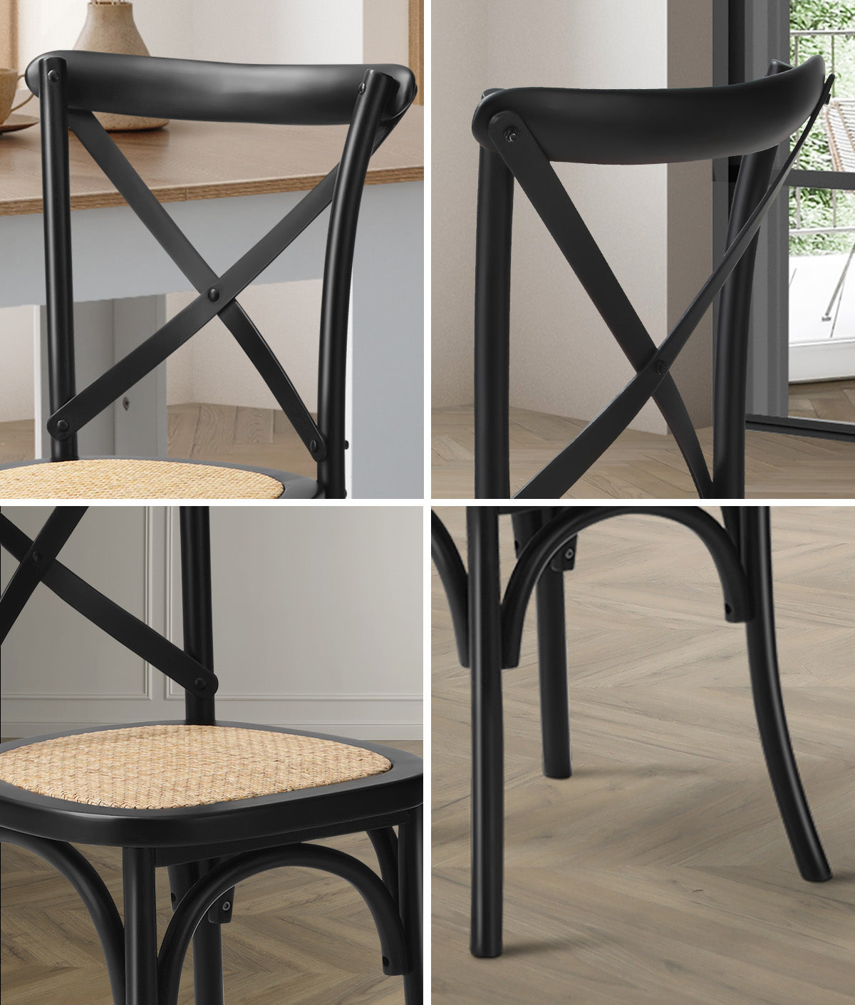 Oikiture 2PCS Crossback Dining Chair Solid Birch Timber Wood Ratan Seat Black - Sunyee