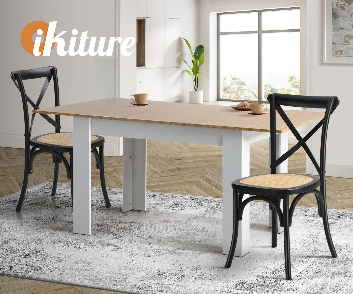 Oikiture 2PCS Crossback Dining Chair Solid Birch Timber Wood Ratan Seat Black - Sunyee