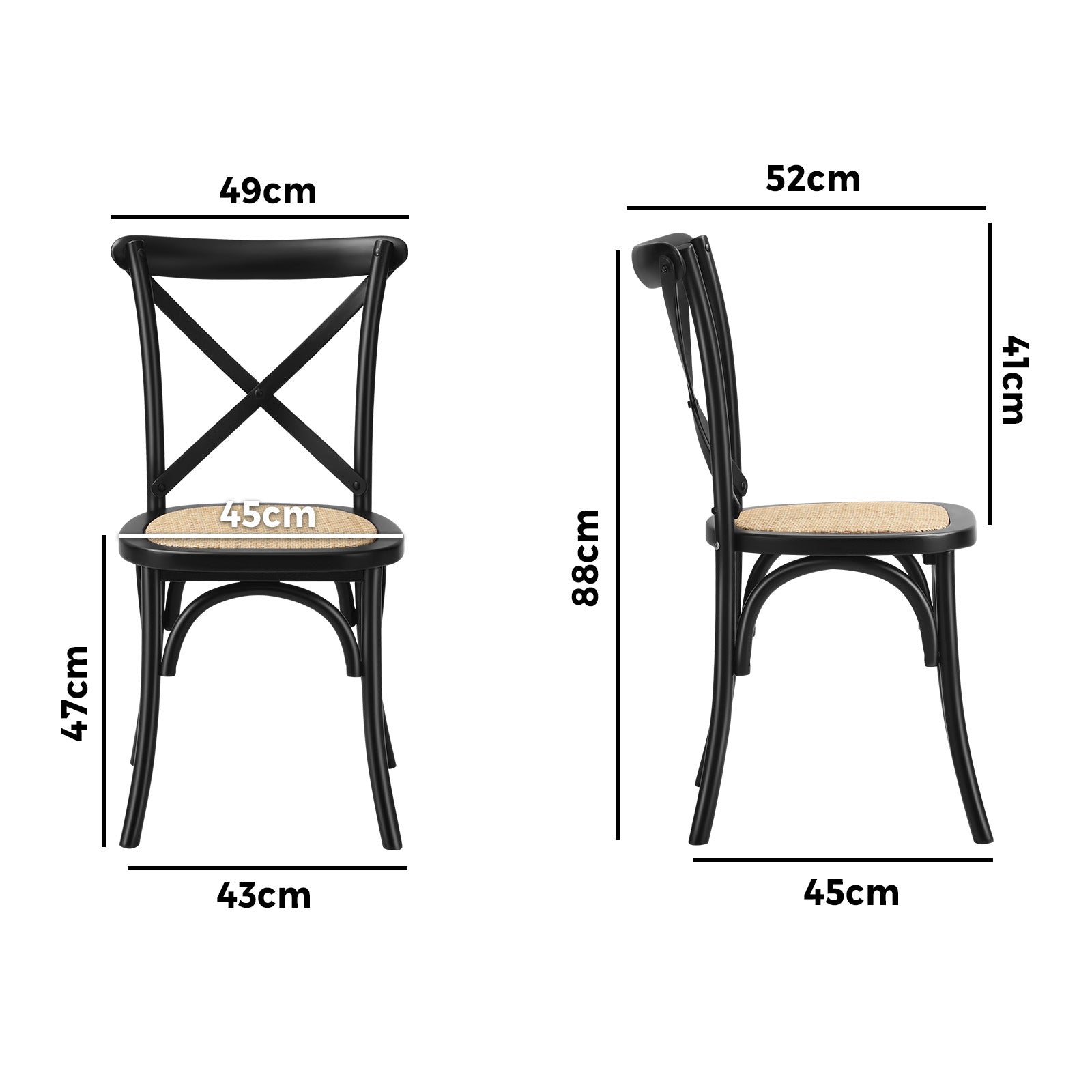 Oikiture 2PCS Crossback Dining Chair Solid Birch Timber Wood Ratan Seat Black - Sunyee