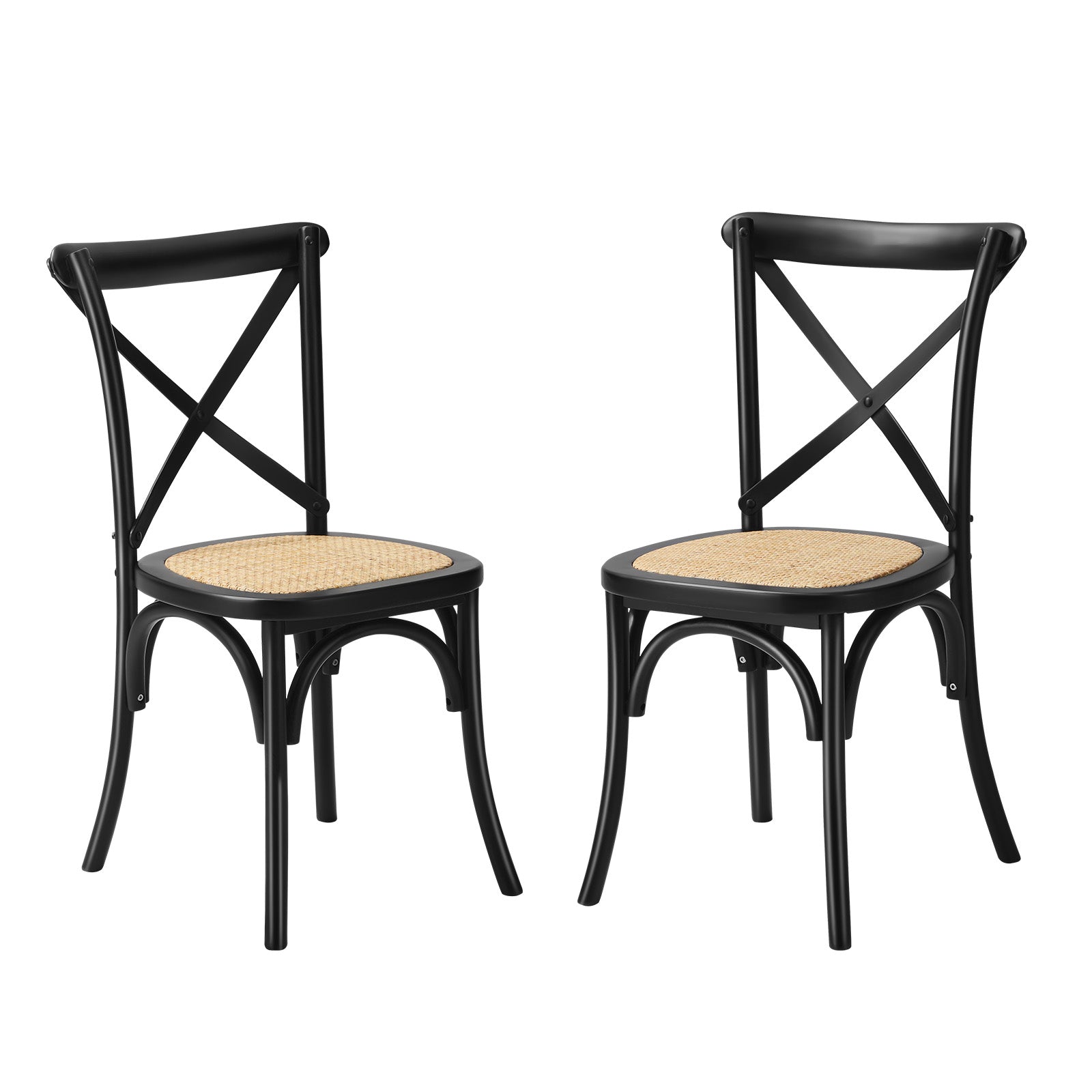 Oikiture 2PCS Crossback Dining Chair Solid Birch Timber Wood Ratan Seat Black - Sunyee