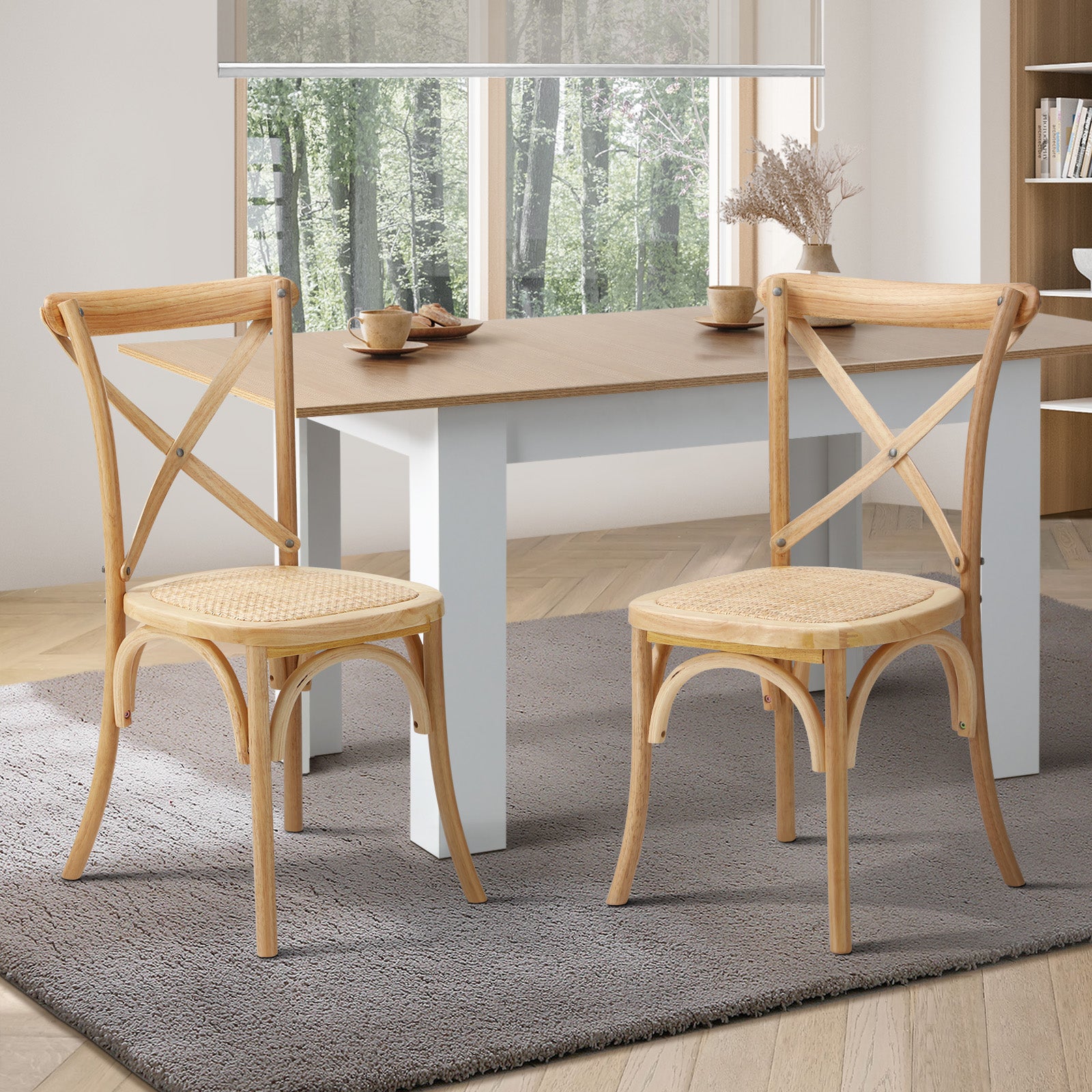 Oikiture 2PCS Crossback Dining Chair Solid Birch Timber Wood Ratan Seat Wooden - Sunyee