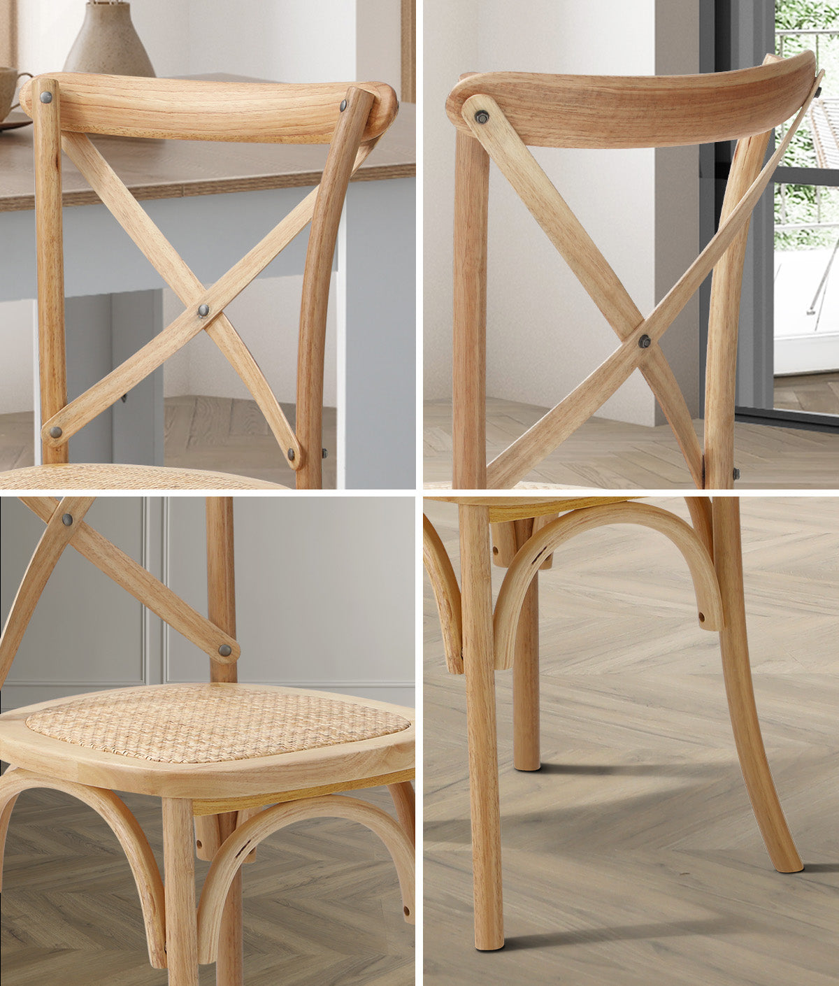 Oikiture 2PCS Crossback Dining Chair Solid Birch Timber Wood Ratan Seat Wooden - Sunyee