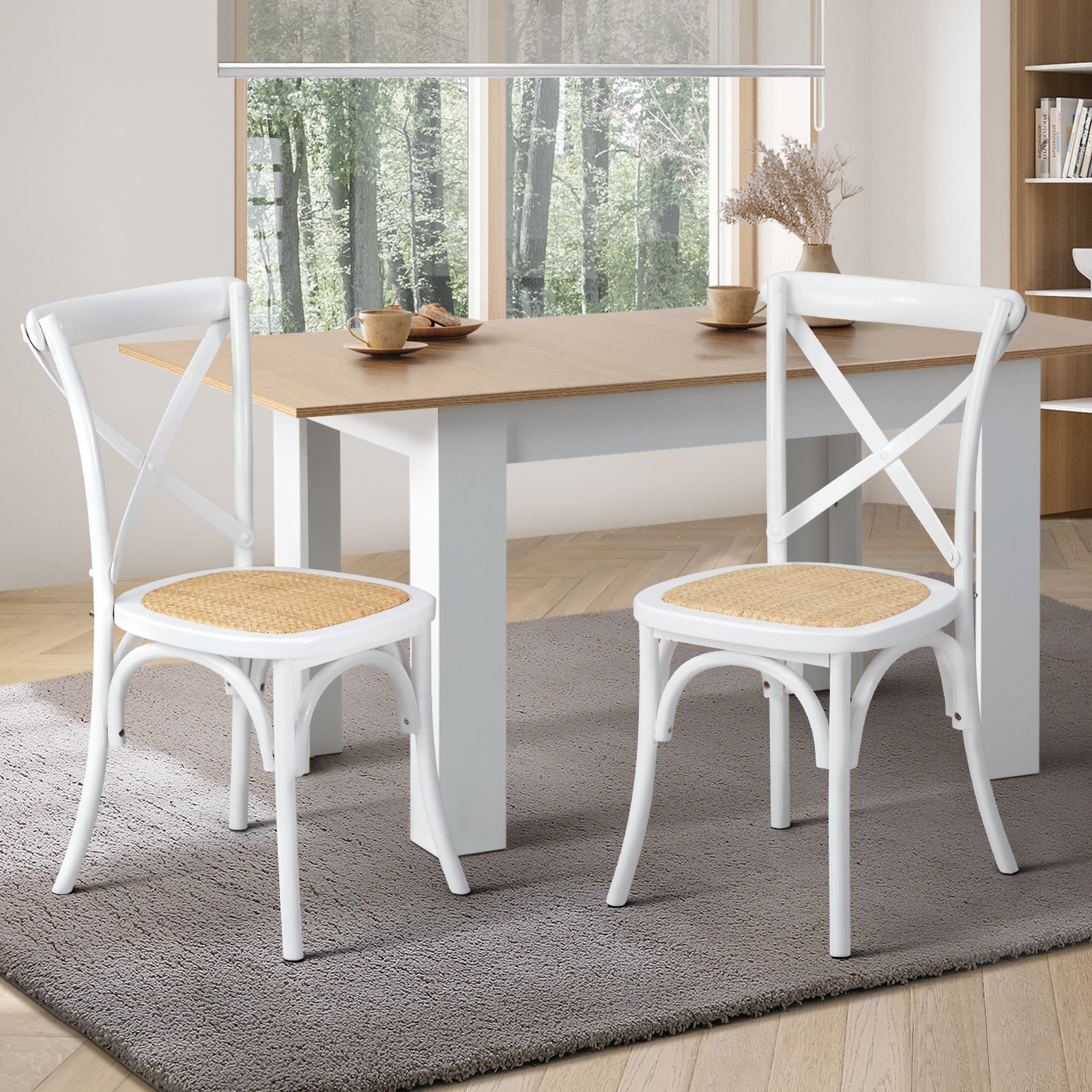 Oikiture 2PCS Crossback Dining Chair Solid Birch Timber Wood Ratan Seat White - Sunyee