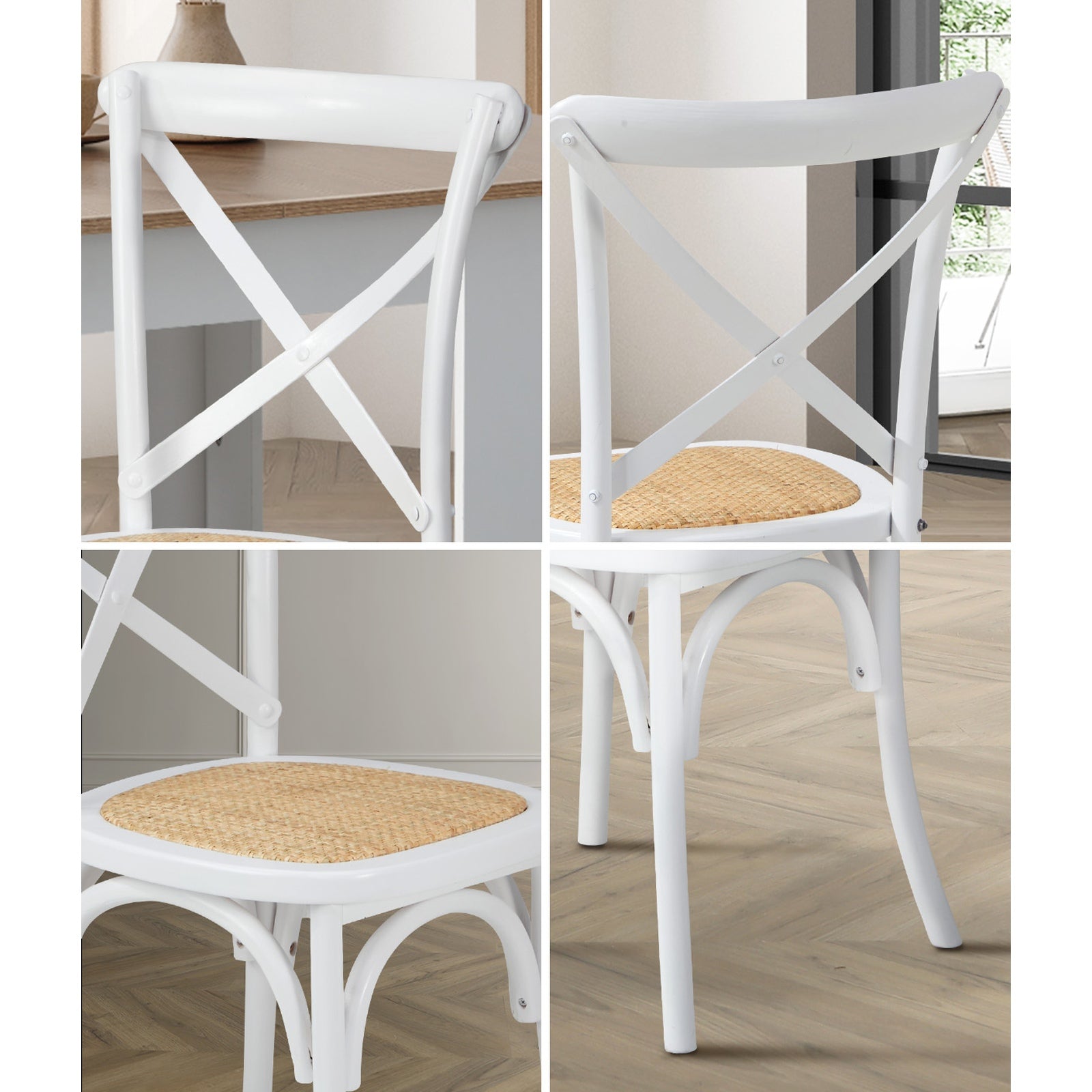 Oikiture 2PCS Crossback Dining Chair Solid Birch Timber Wood Ratan Seat White - Sunyee