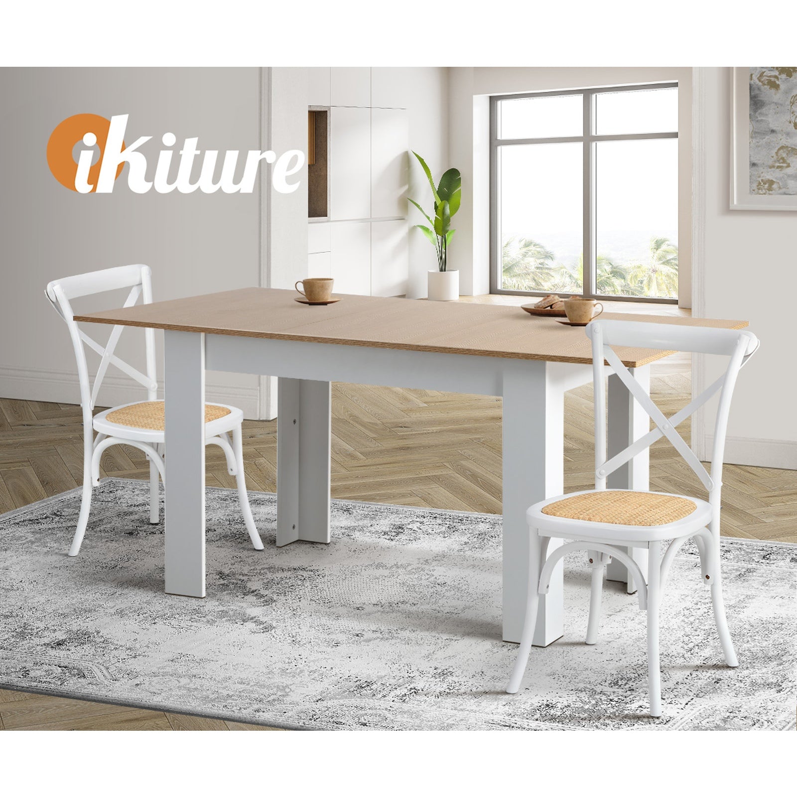 Oikiture 2PCS Crossback Dining Chair Solid Birch Timber Wood Ratan Seat White - Sunyee