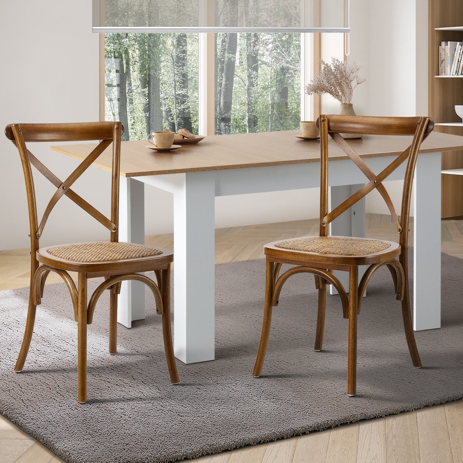Oikiture 2PCS Crossback Dining Chair Solid Birch Timber Wood Rattan Seat Walnut - Sunyee
