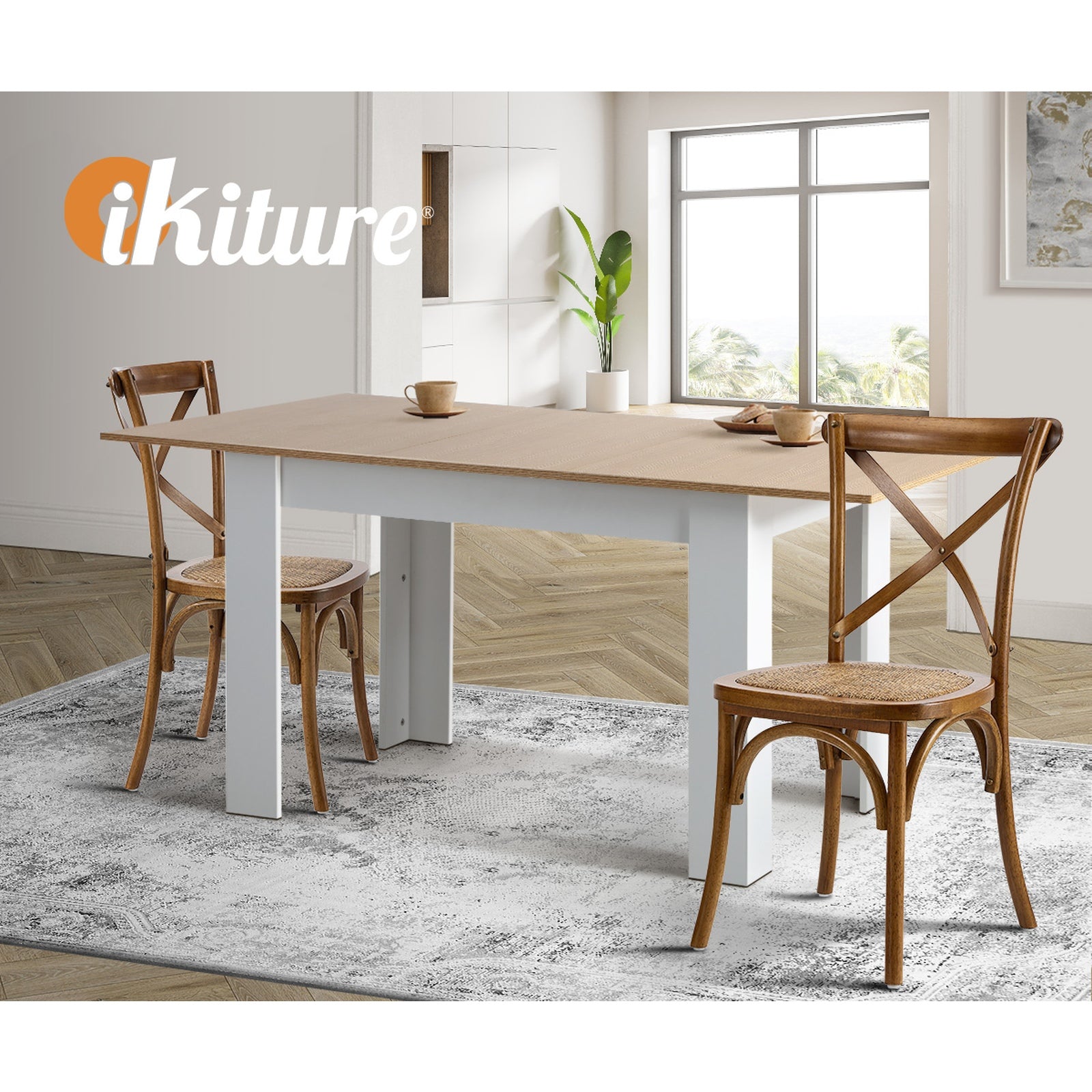 Oikiture 4PCS Crossback Dining Chair Solid Birch Timber Wood Rattan Seat Walnut - Sunyee