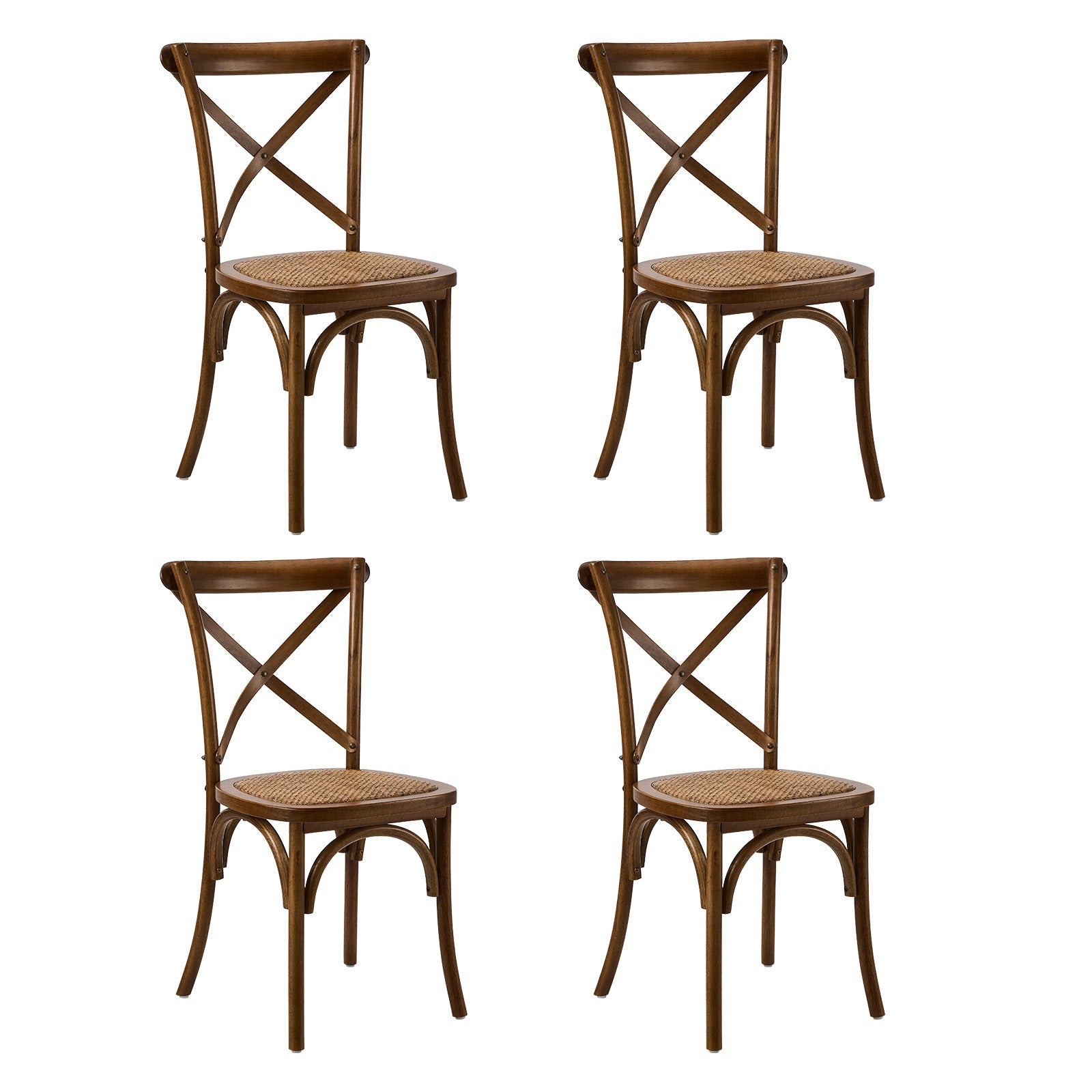 Oikiture 4PCS Crossback Dining Chair Solid Birch Timber Wood Rattan Seat Walnut - Sunyee