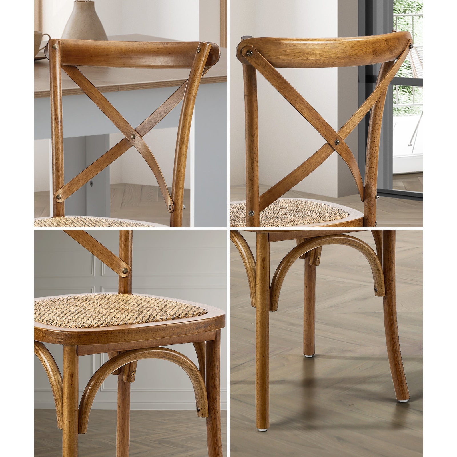 Oikiture 6PCS Crossback Dining Chair Solid Birch Timber Wood Rattan Seat Walnut - Sunyee