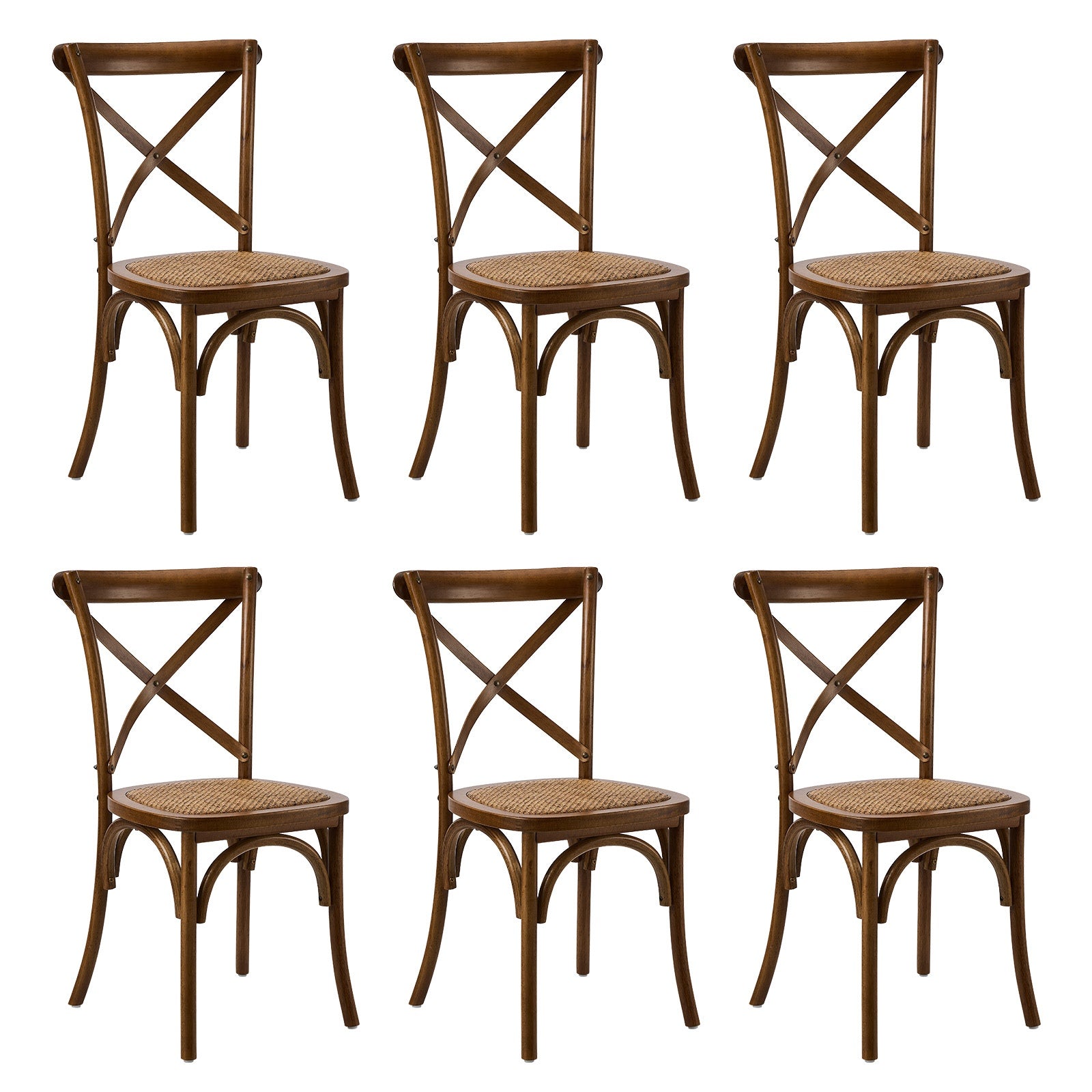 Oikiture 6PCS Crossback Dining Chair Solid Birch Timber Wood Rattan Seat Walnut - Sunyee